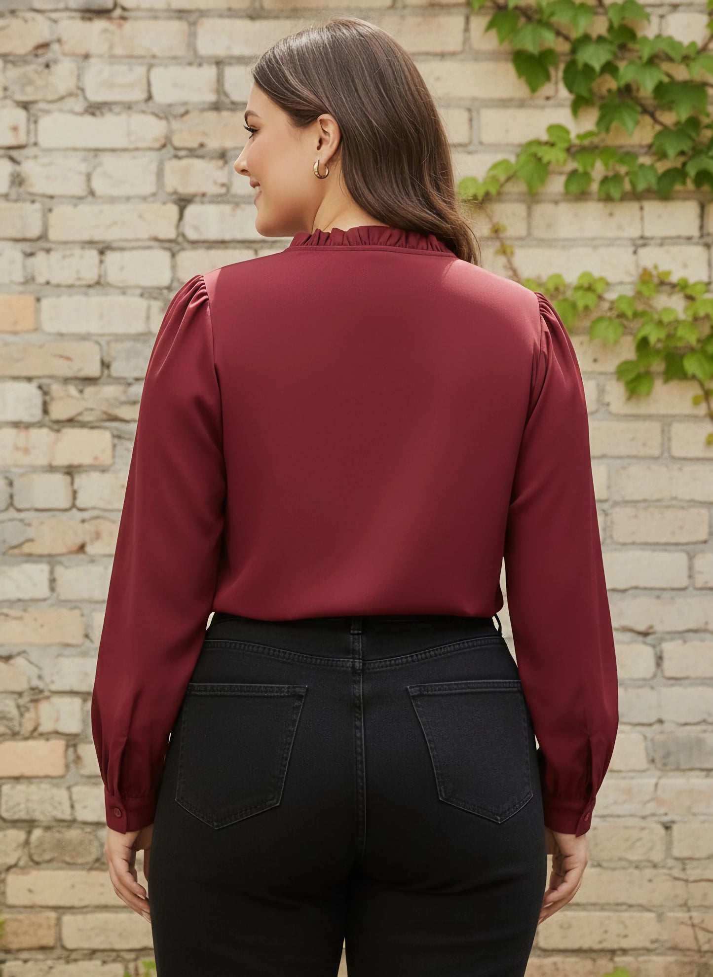 Berrylush Women Plus Size Solid Maroon Tie-Up Neck Cuff Sleeves Crepe Ruffled Regular Top