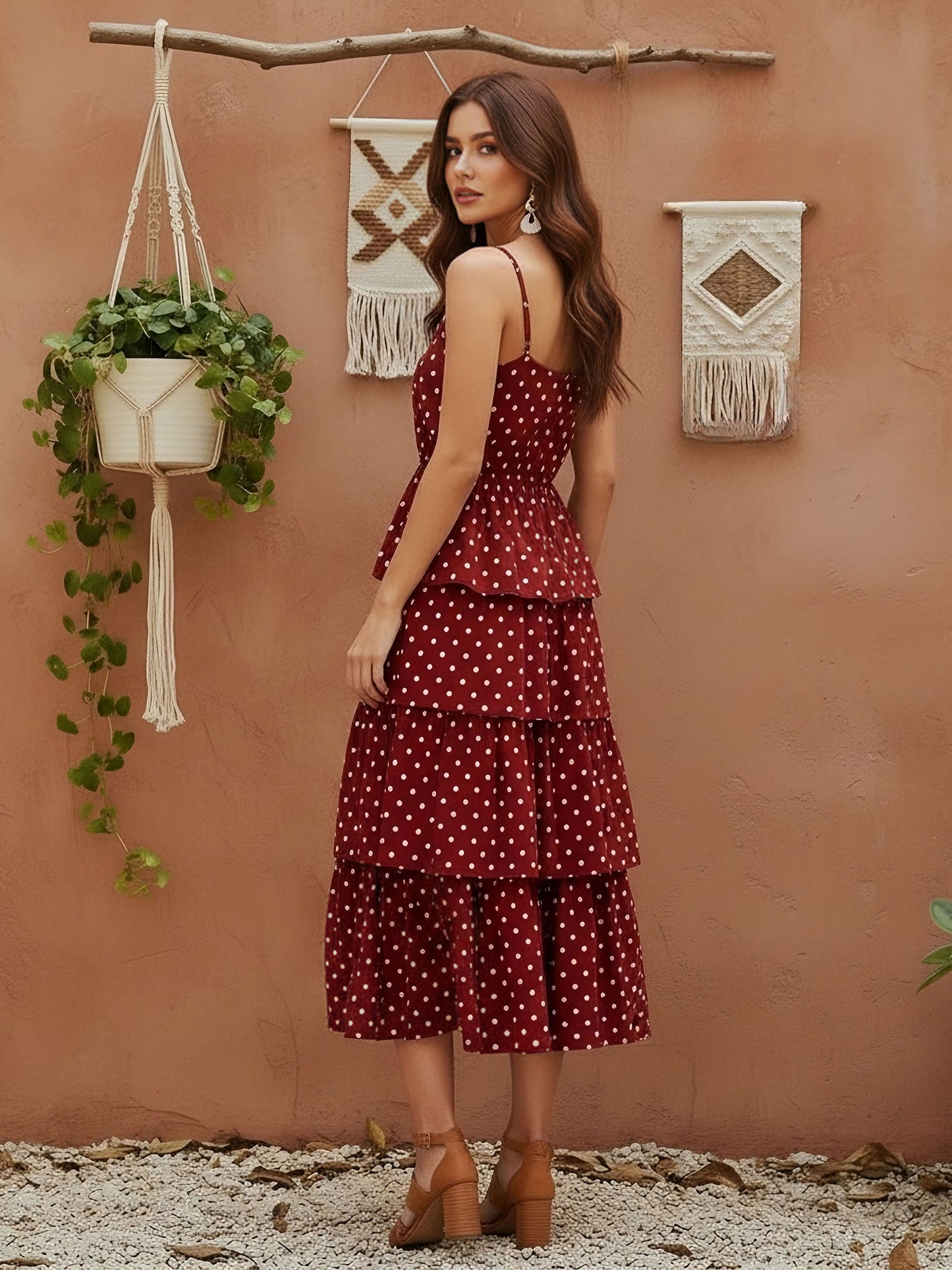 Berrylush Women Red Polka Dot Printed V-Neck Tiered Fit & Flare Midi Dress