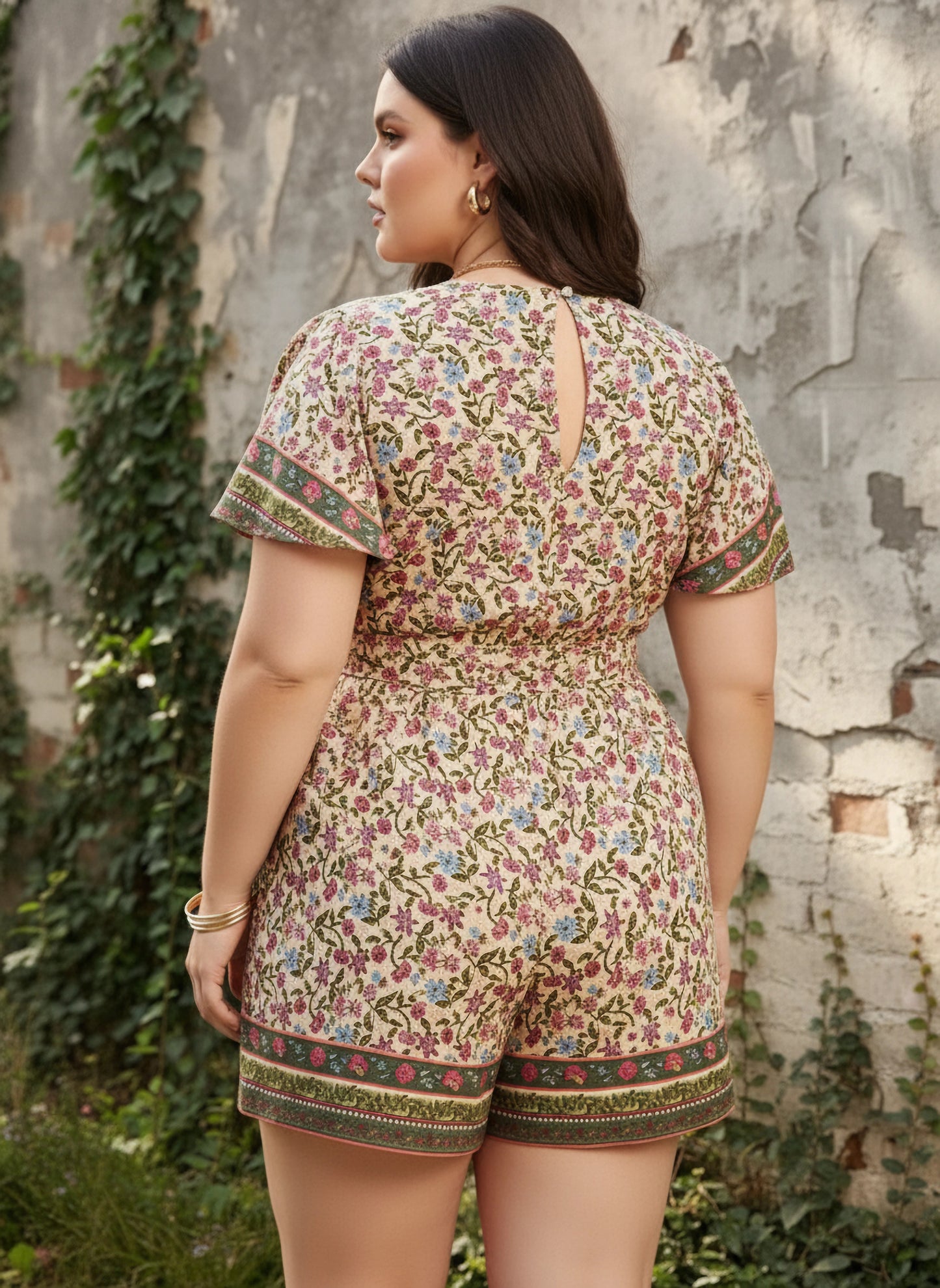 Berrylush Curve Women Pink Tie-up Detail Tropical Print Mini Jumpsuit