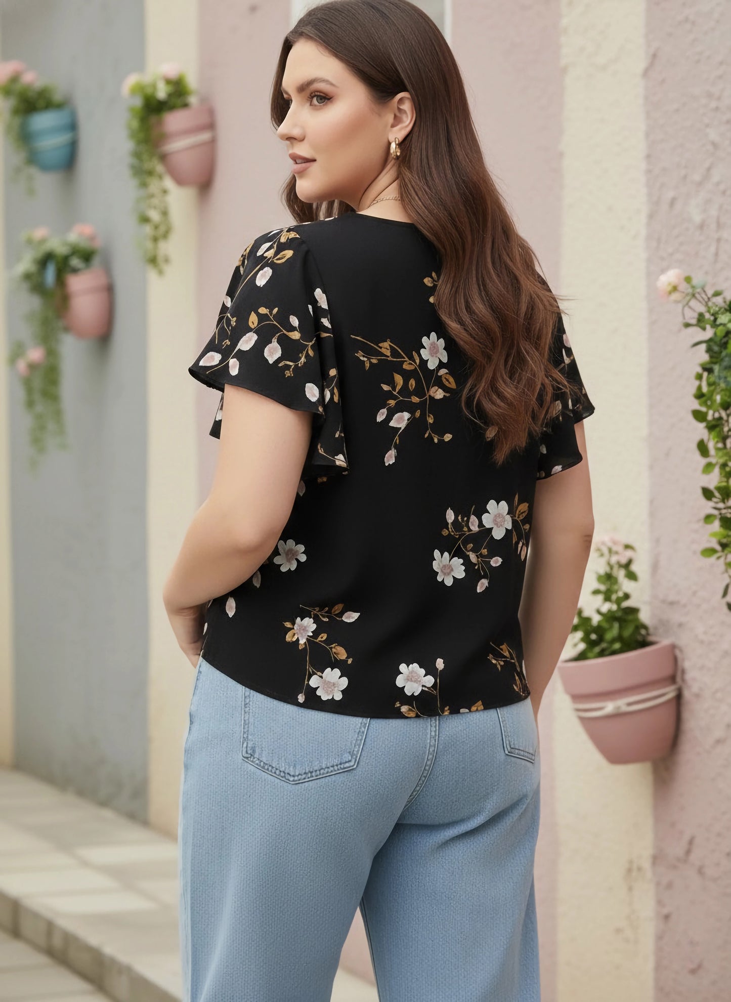 Berrylush Women Plus Size Black & White Floral Printed V-Neck Flutter Sleeve Crepe Ruffled Regular Top