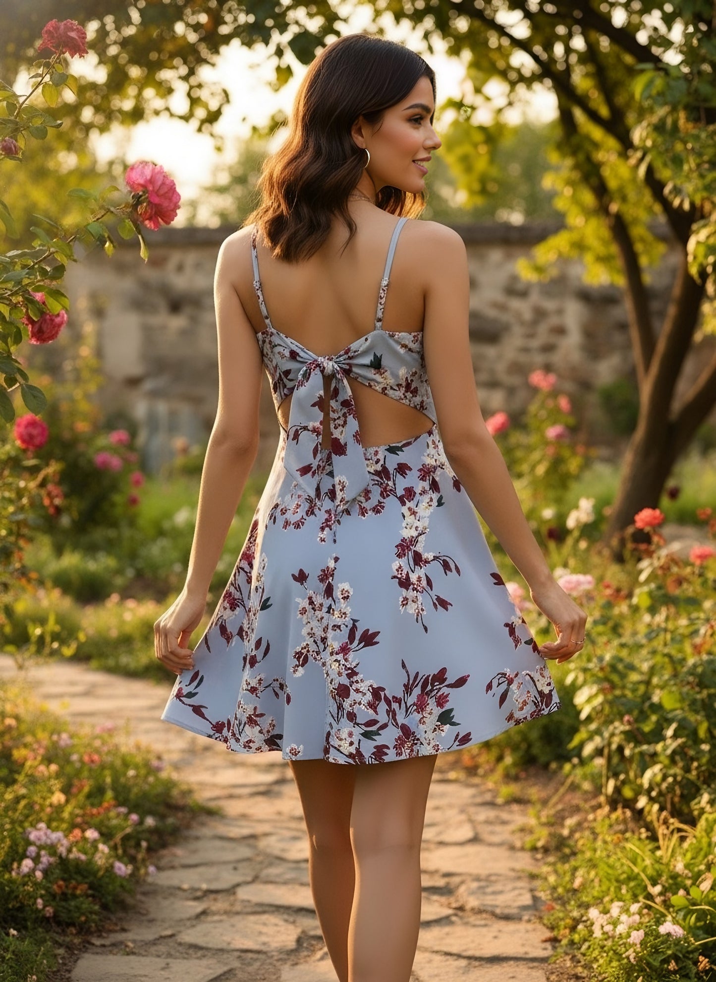 Berrylush Women Blue Floral Printed Twist Knot Fit & Flare Mini Dress