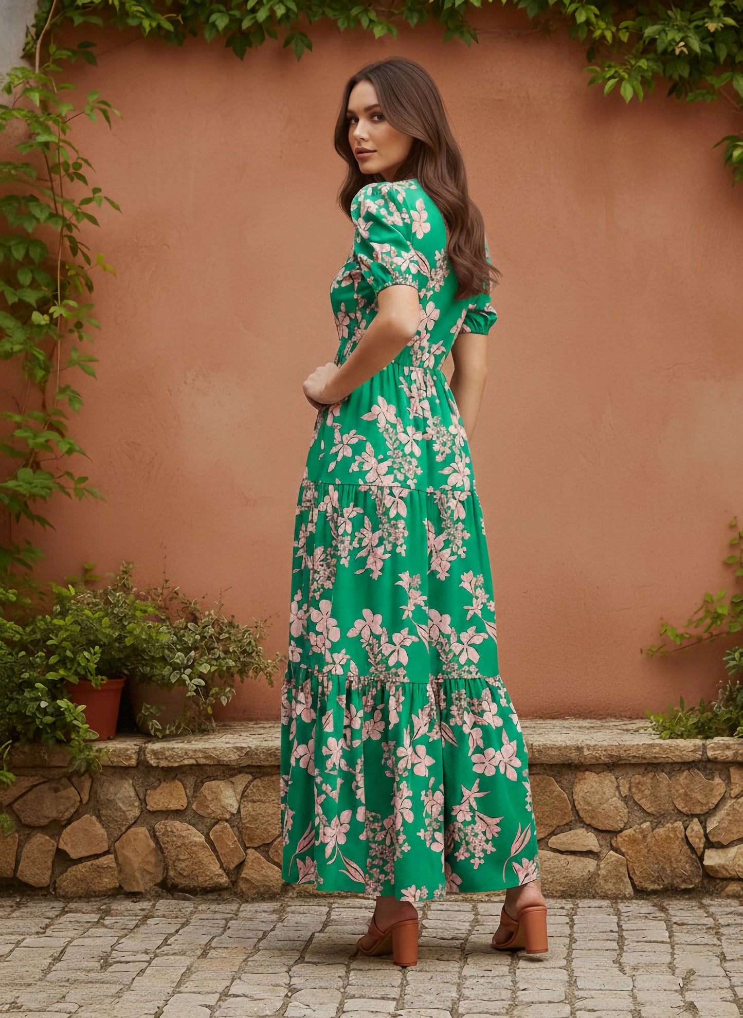 Berrylush Women Green & Pink Floral Printed V-Neck Puff Sleeve Front Cutout Ruffled A-Line Maxi Dress