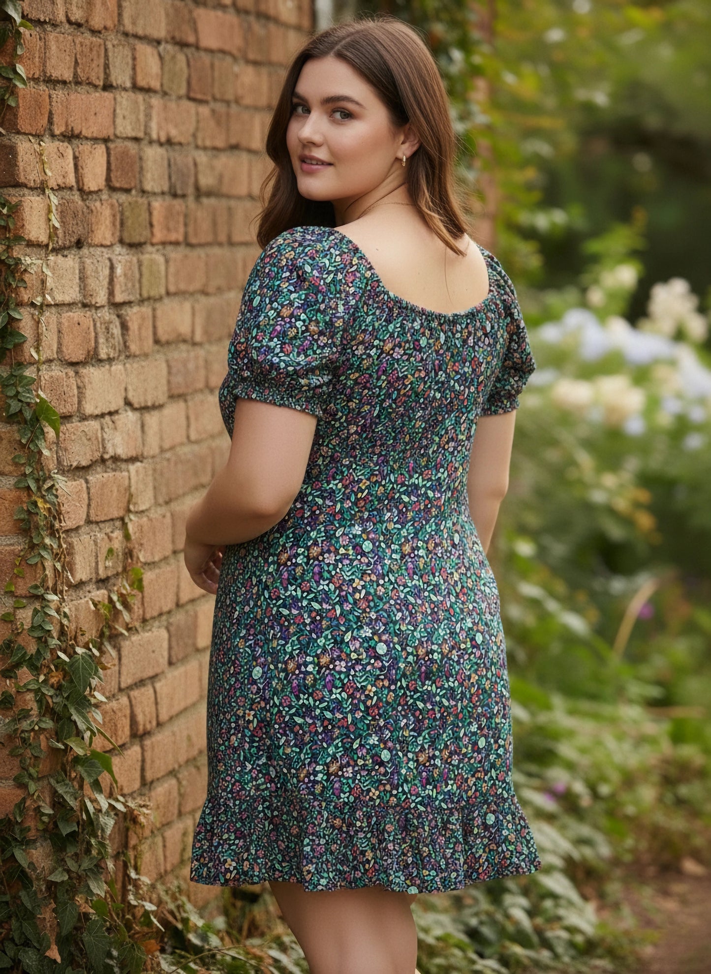 Berrylush Curve Plus Size Navy Blue & Green Floral Printed A-Line Mini Dress