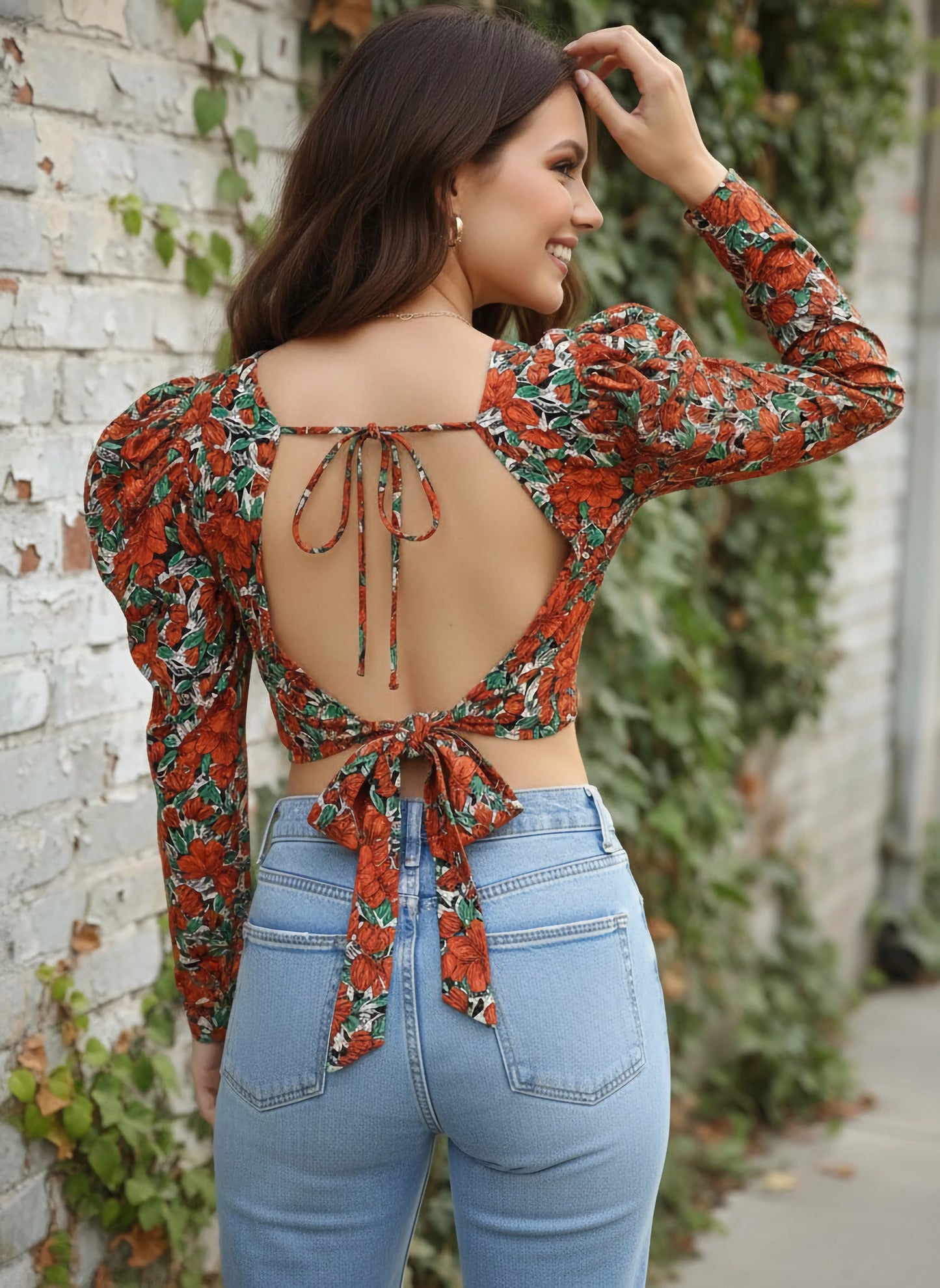 Berrylush Women Red & Sea Green Floral Printed Round-Neck Styled Back Crop Top