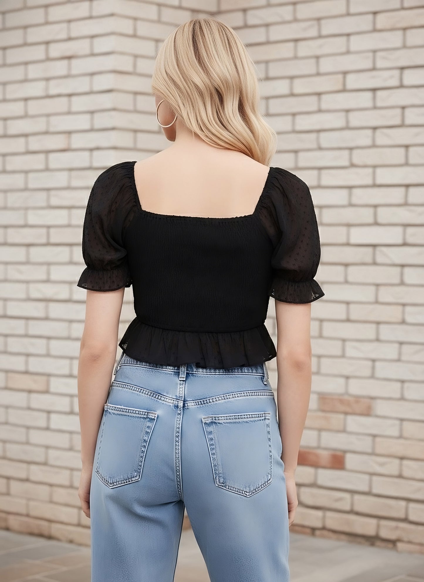 Berrylush Women Solid Black Lace Tie-Up Smocked Crop Top