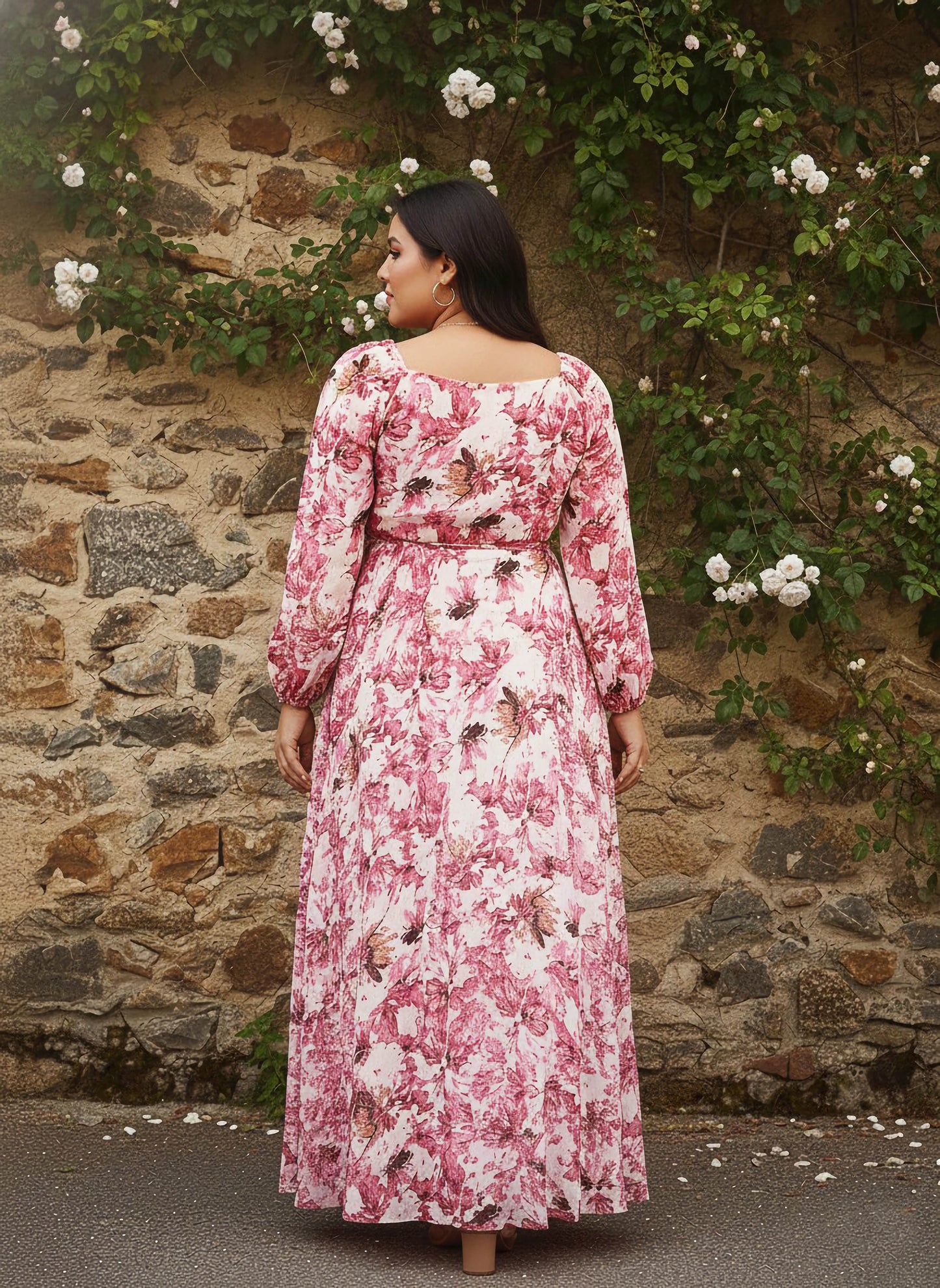 Berrylush Curve Women Pink Floral Printed Sweetheart Neck Waist Tie-Up Georgette Pleated Wrap Maxi Dress