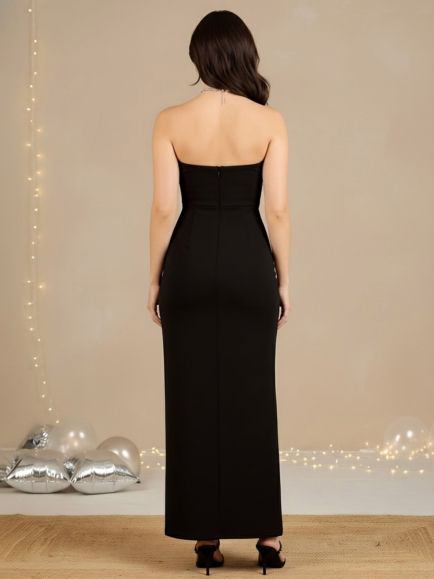 Berrylush Women Solid Black Strapless Neck Sleeveless Backless Thigh-High Slit Straight Hem Knitted Bodycon Maxi Dress