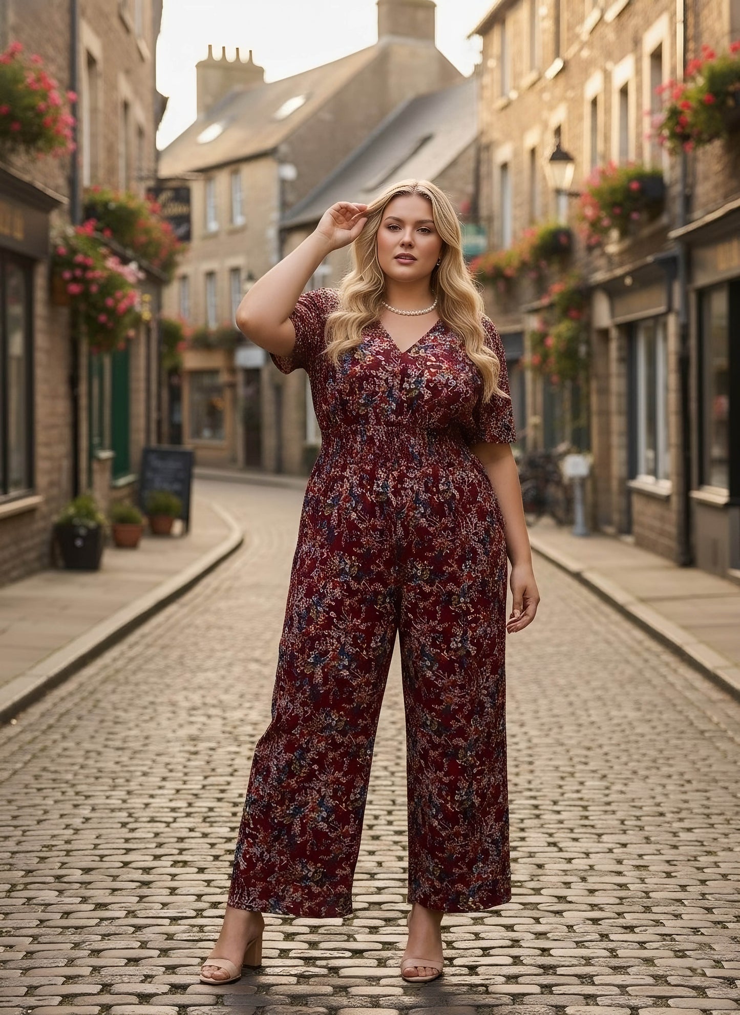 Berrylush Curve Women Maroon & Blue Floral Printed V-Neck Back Keyhole Smocked Maxi Jumpsuit