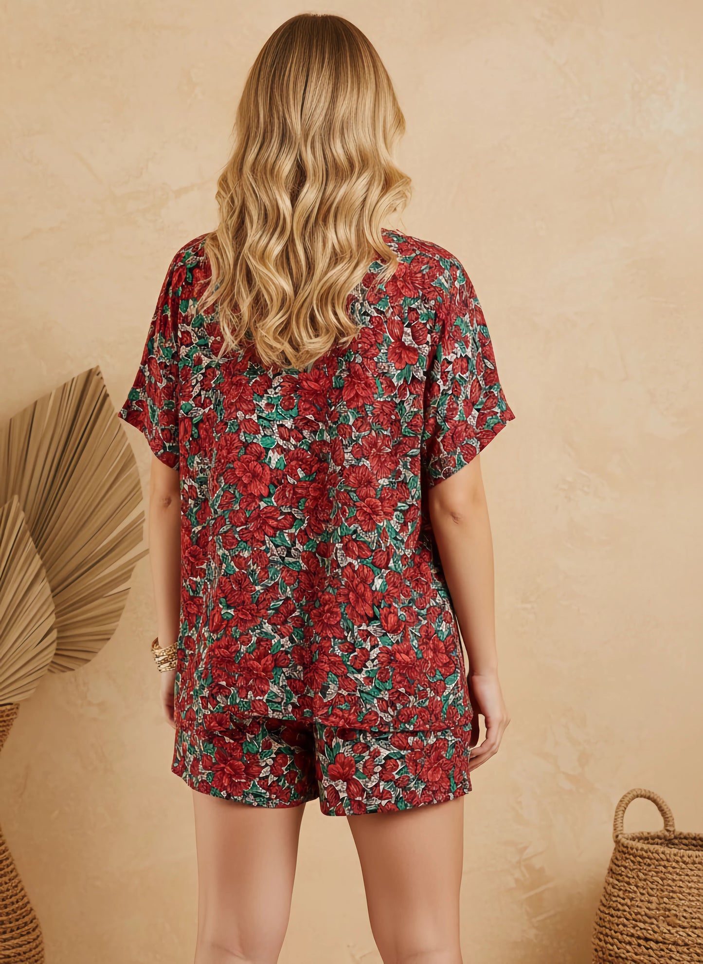 Berrylush Women Red & Green Floral Printed Sweetheart Neck Ruched Crop Top, High-Rise Elastic Waist Mini Shorts & Open-Front Longline Shrug Co-Ord Set