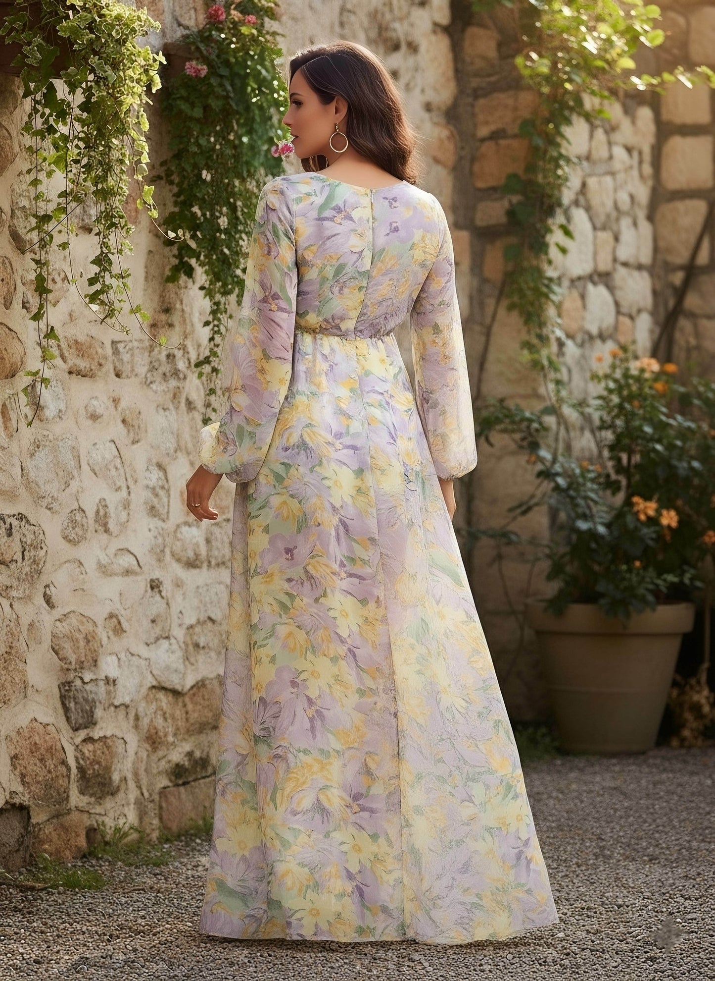 Berrylush Women Purple & Yellow Floral Printed Deep V-Neck Bishop Sleeves Mini Jumpsuit With Front-Slit Pleated Maxi Skirt