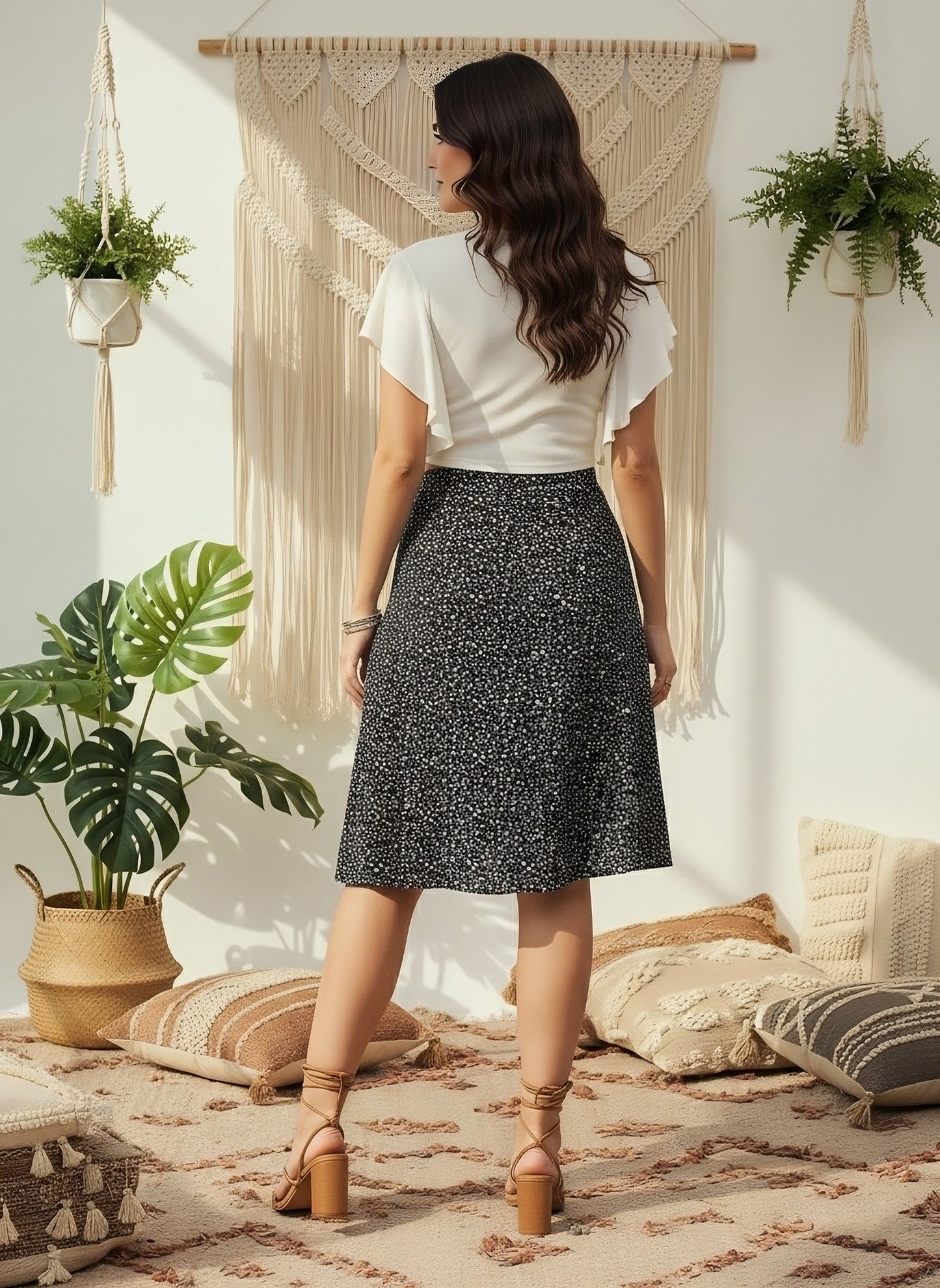 Berrylush Women Black & White Floral Printed High-Rise Waist Thigh-High Slit Crepe Flared A-Line Midi Skirt