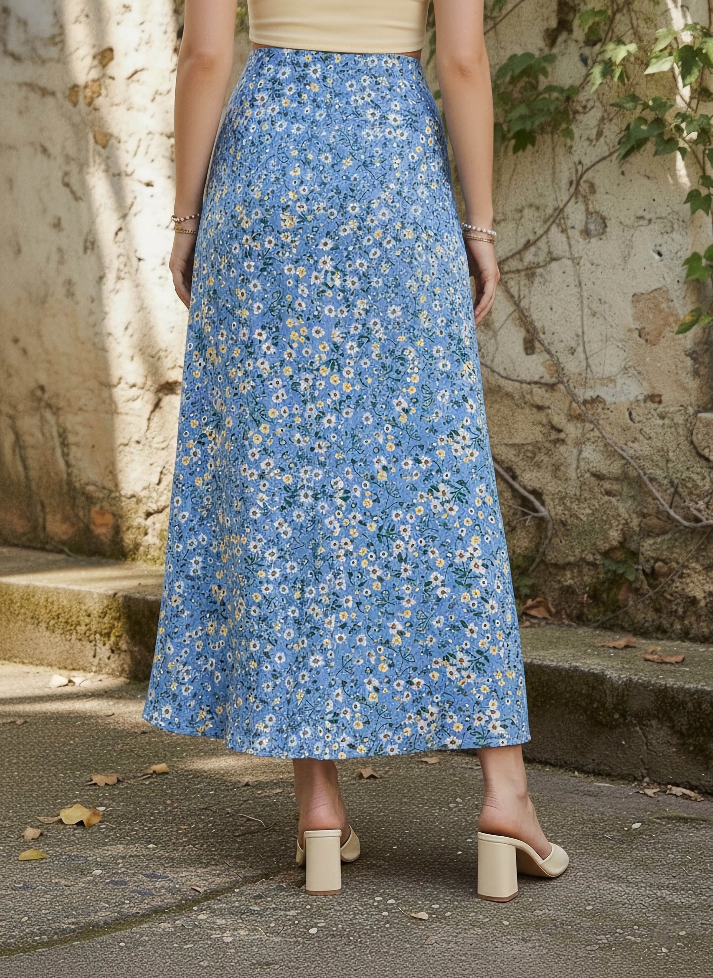Blue & White Floral Printed High-Rise Waist Slip-On Thigh-High Slit Flared A-Line Maxi Skirt