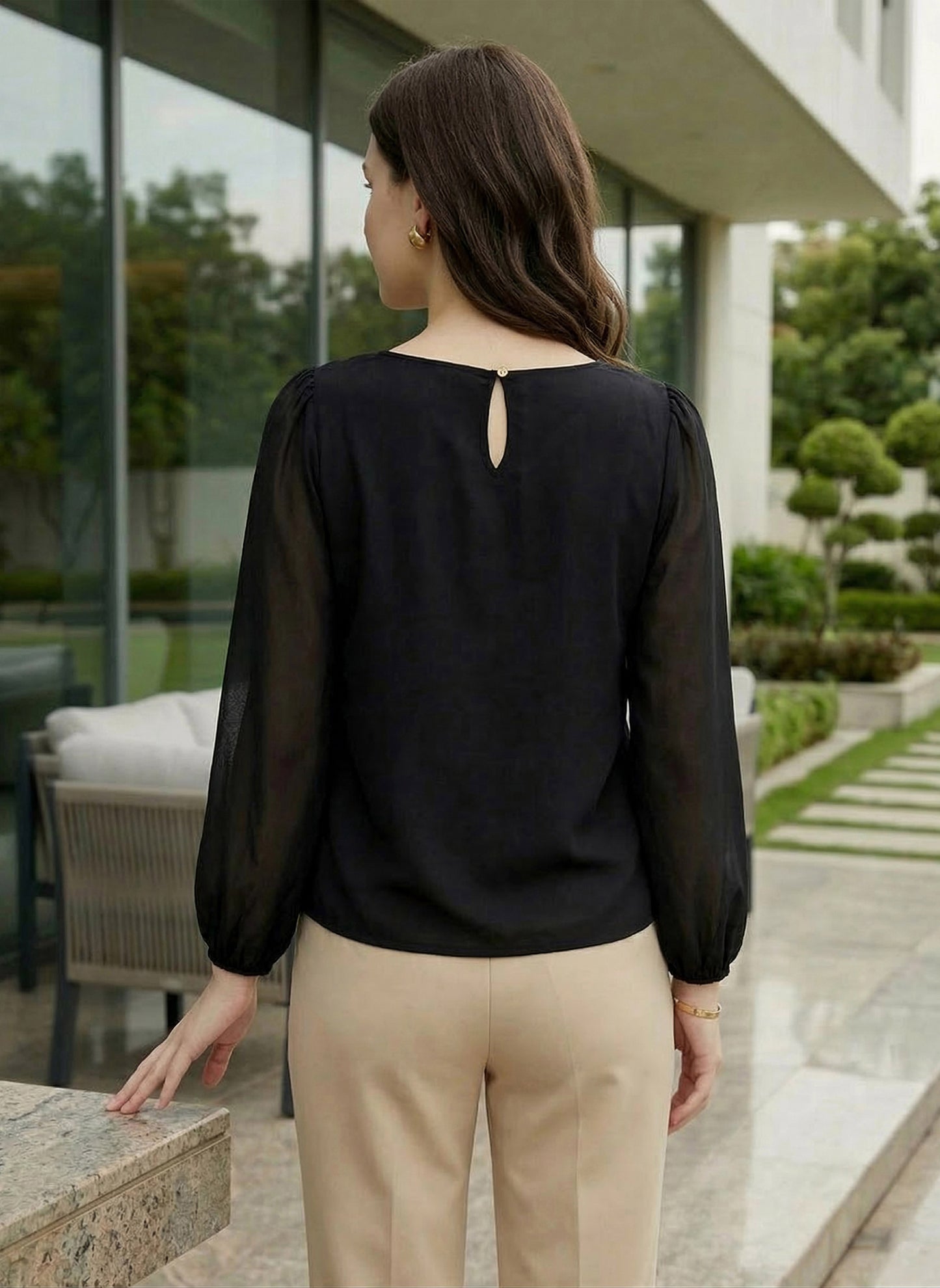 BIZwear Solid Black Round Neck Bishop Sleeve Polyester Keyhole Back Regular Top