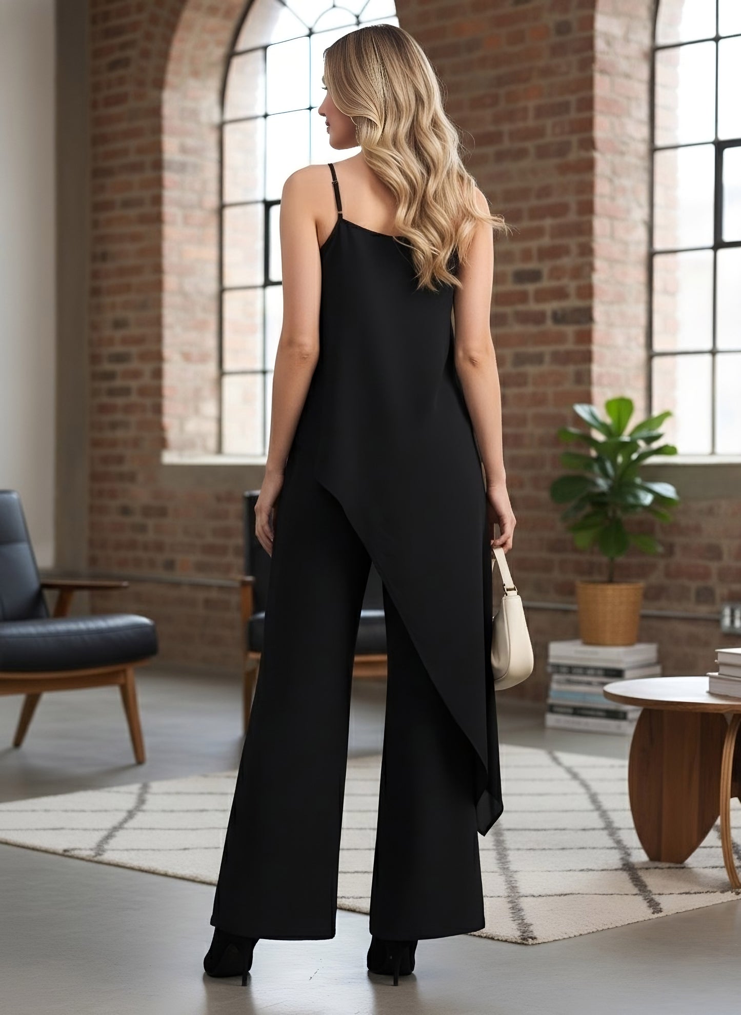 Berrylush Women Black Solid Shoulder Straps High-Low Top With Trousers Co-Ords