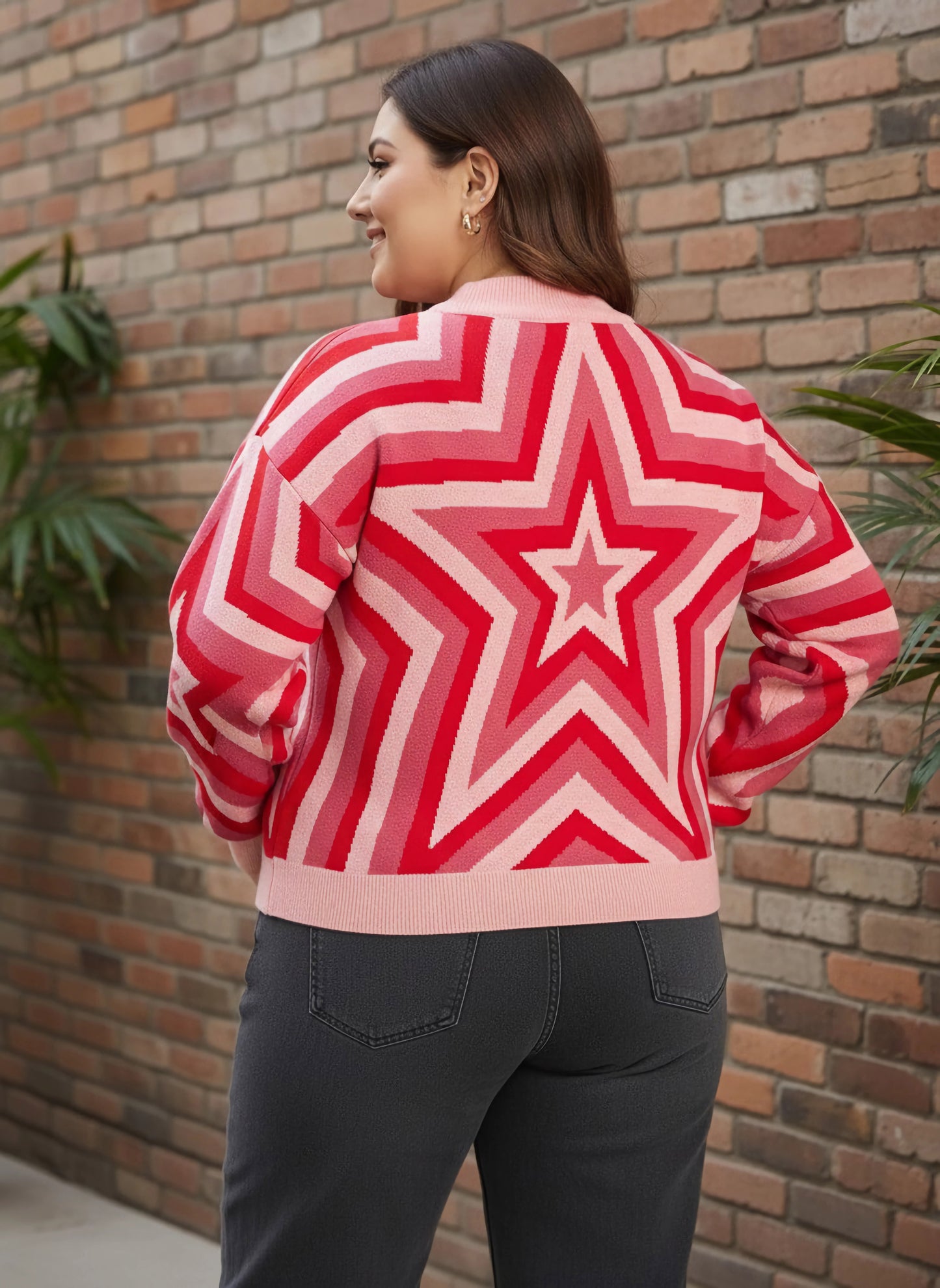 Berrylush Curve Women Pink Star Printed Round Neck Acrylic Ribbed Hem Regular Sweater