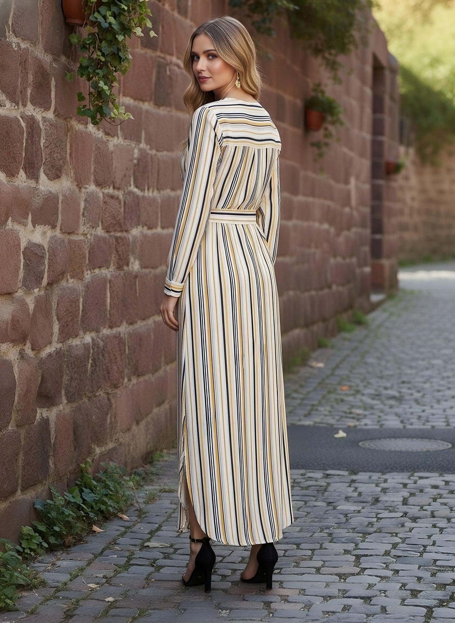 Berrylush Women Multicolour Striped Pattern V-Neck Waist Tie-Up Maxi Dress