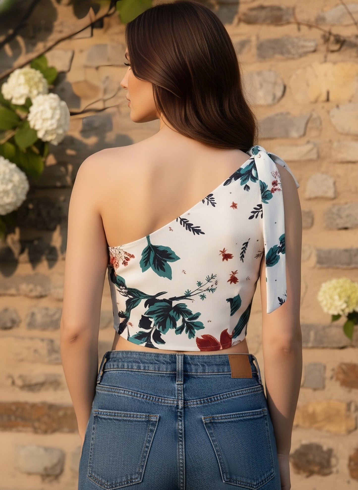 Berrylush Women White & Blue Floral Printed One-Shoulder Neck Tie-Up Strap Cropped Top