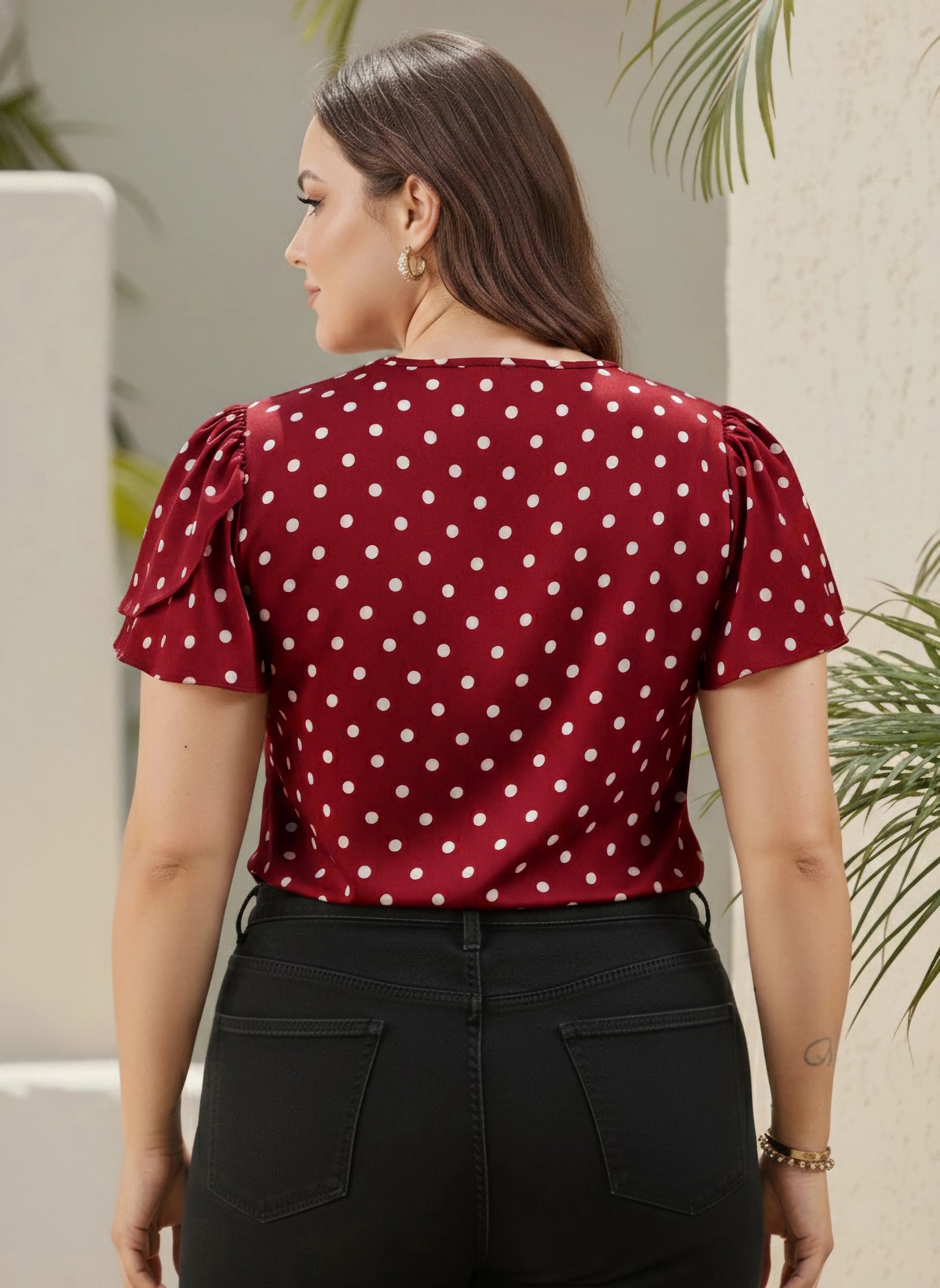 Berrylush Curve Women Red & White Polka Dot Printed Round Neck Puff Sleeves Straight Hem Pleated Regular Top