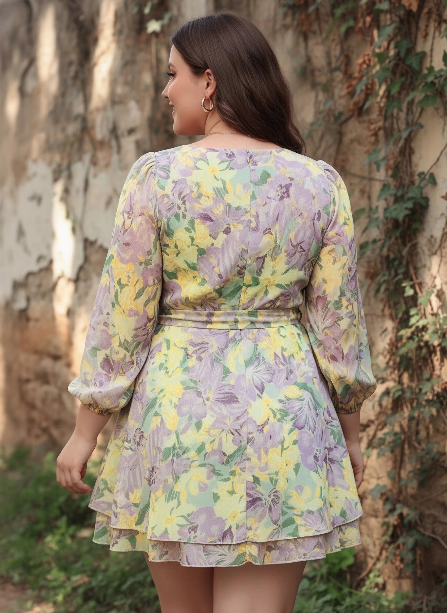 Berrylush Women Plus Size Purple & Yellow Floral Printed Sweetheart Neck Tie-Up Waist Layered Mini Jumpsuit