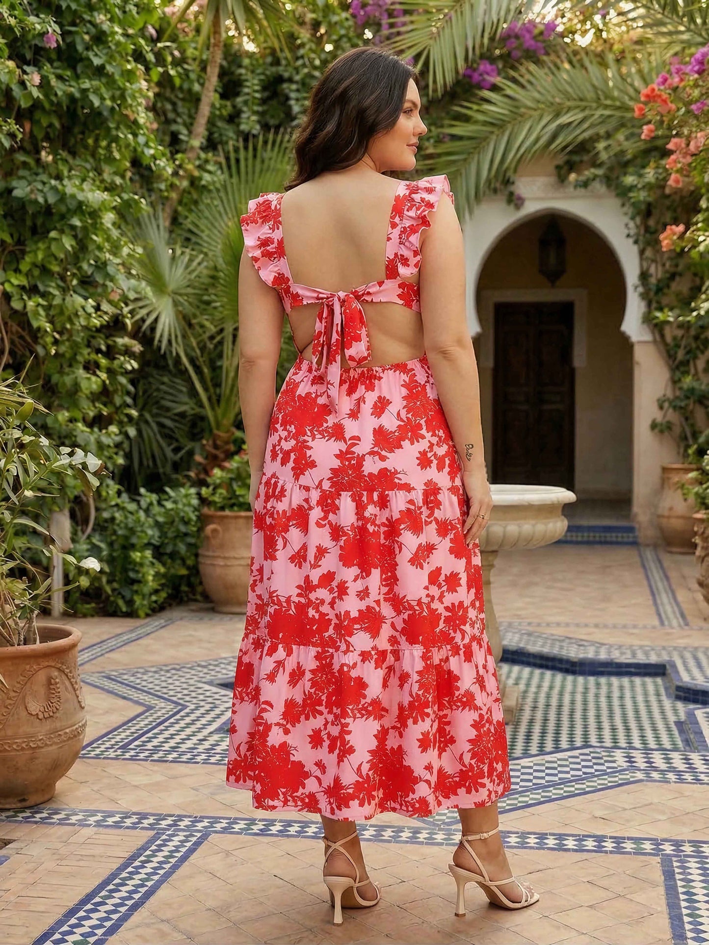 Plus Size Pink & Red Tropical Printed Square Neck Cutout Tie-Up Backless Crepe Flared A-Line Maxi Dress