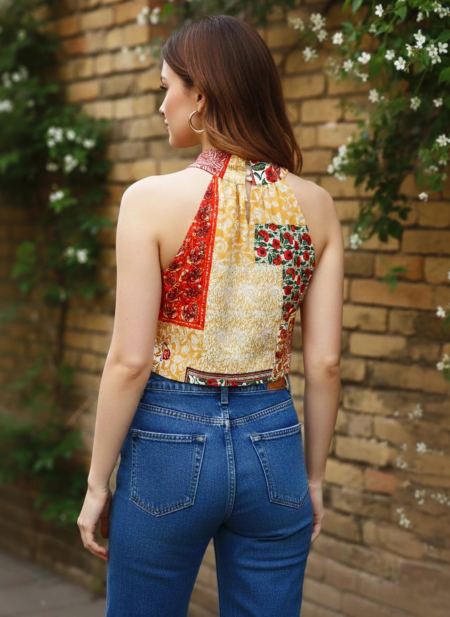 Berrylush Women Red & Yellow Ethnic Motifs Printed Halter Neck Sleeveless Button-Up Crepe Regular Top