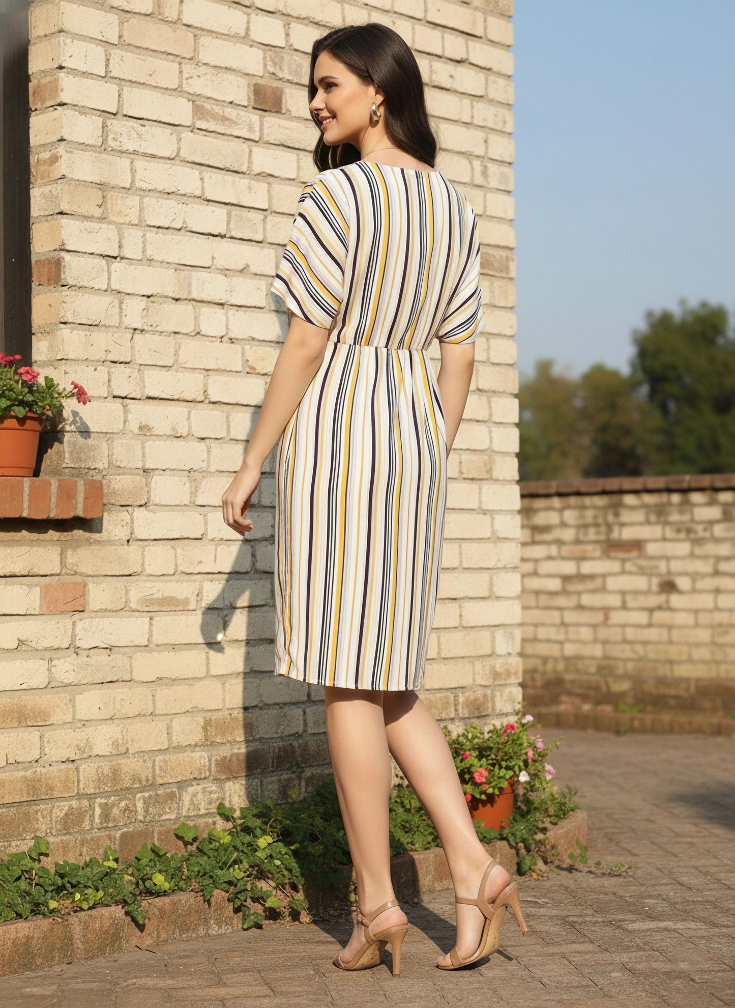 Berrylush Women Yellow & Off-White Stripe Printed V-Neck Front Slit Pleated A-Line Mini Dress