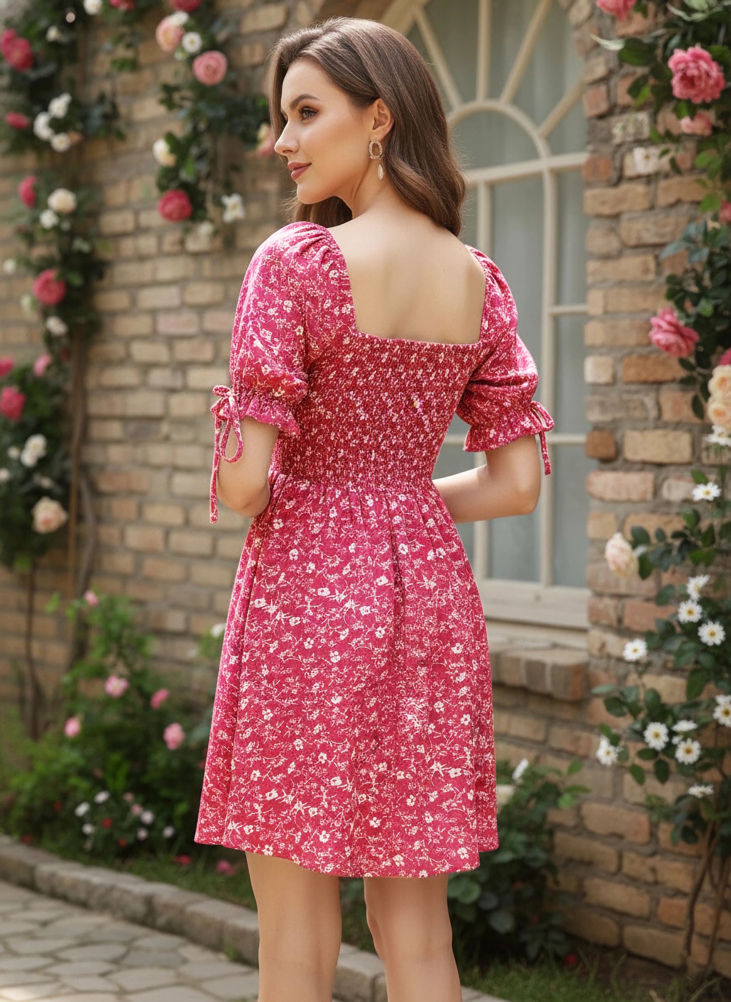 Berrylush Women Pink & White Floral Printed Square Neck Smocked Back Crepe A-Line Mini Dress