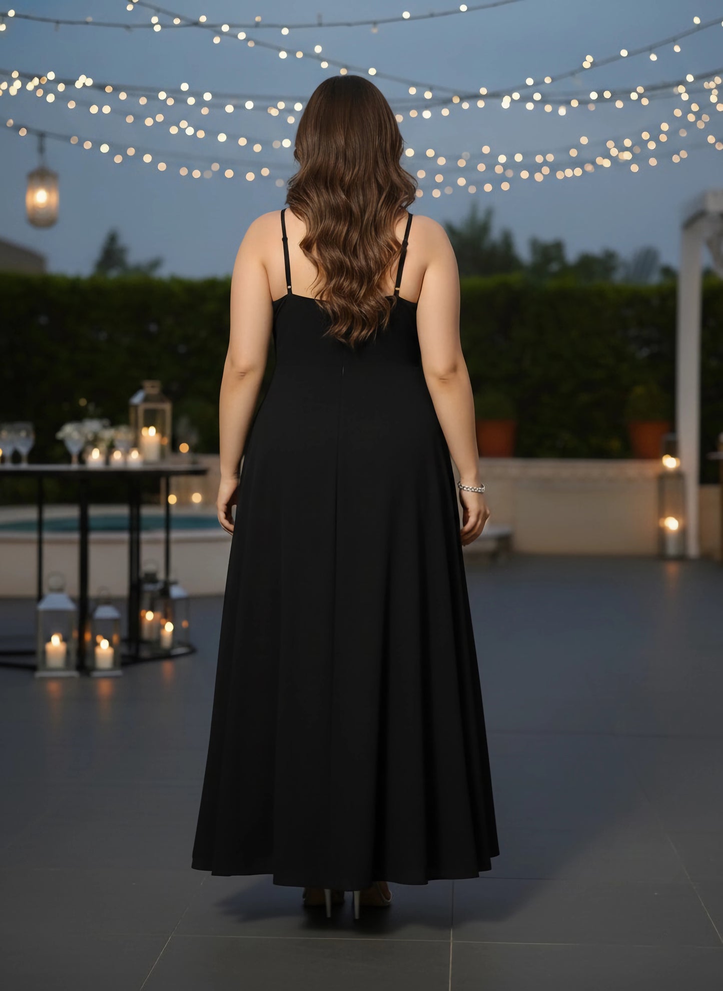Plus Size Solid Black V-Neck Sleeveless Crepe Thigh-High Slit Flared Maxi Dress