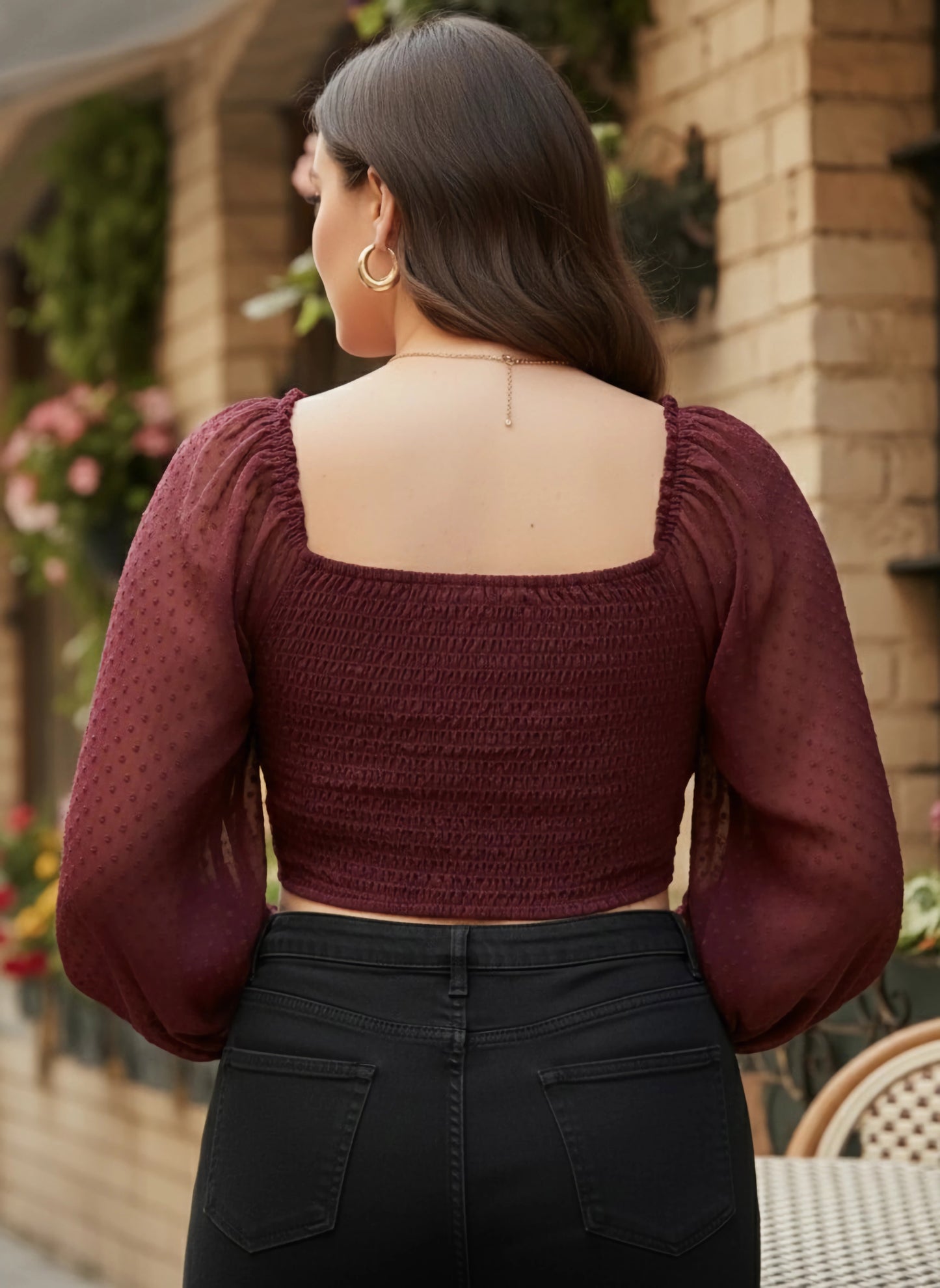 Berrylush Women Plus Size Solid Maroon Dobby Weave Sweetheart Neck Puff Sleeve Georgette Smocked Crop Top