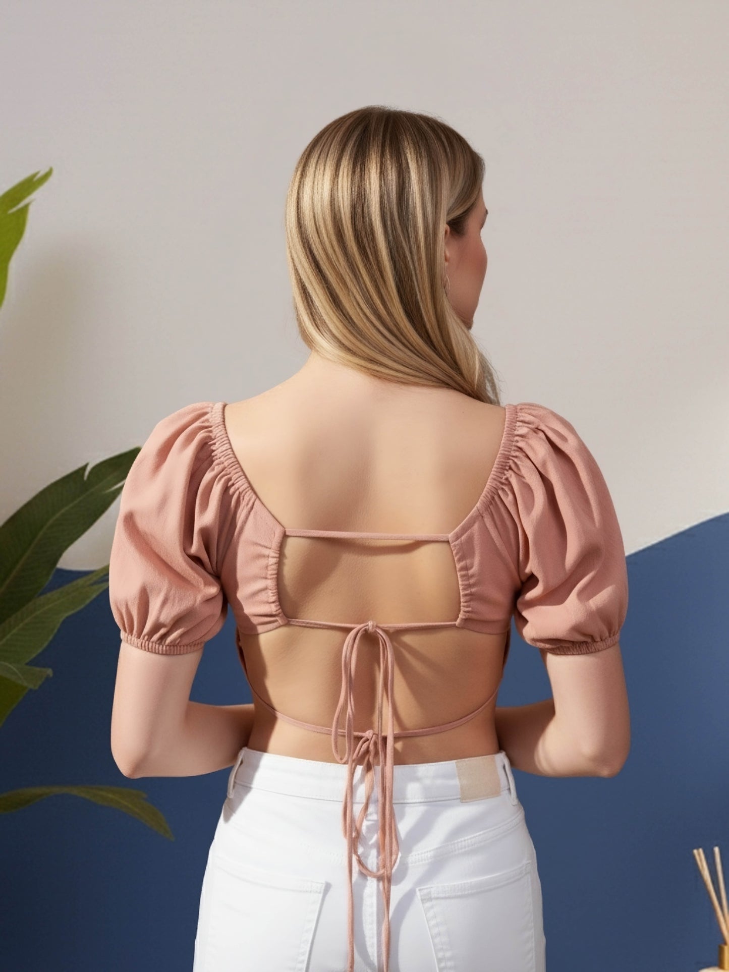 Berrylush Women Solid Pink Square Neck Puff Sleeves Tie-Up Backless Pleated Crop Top