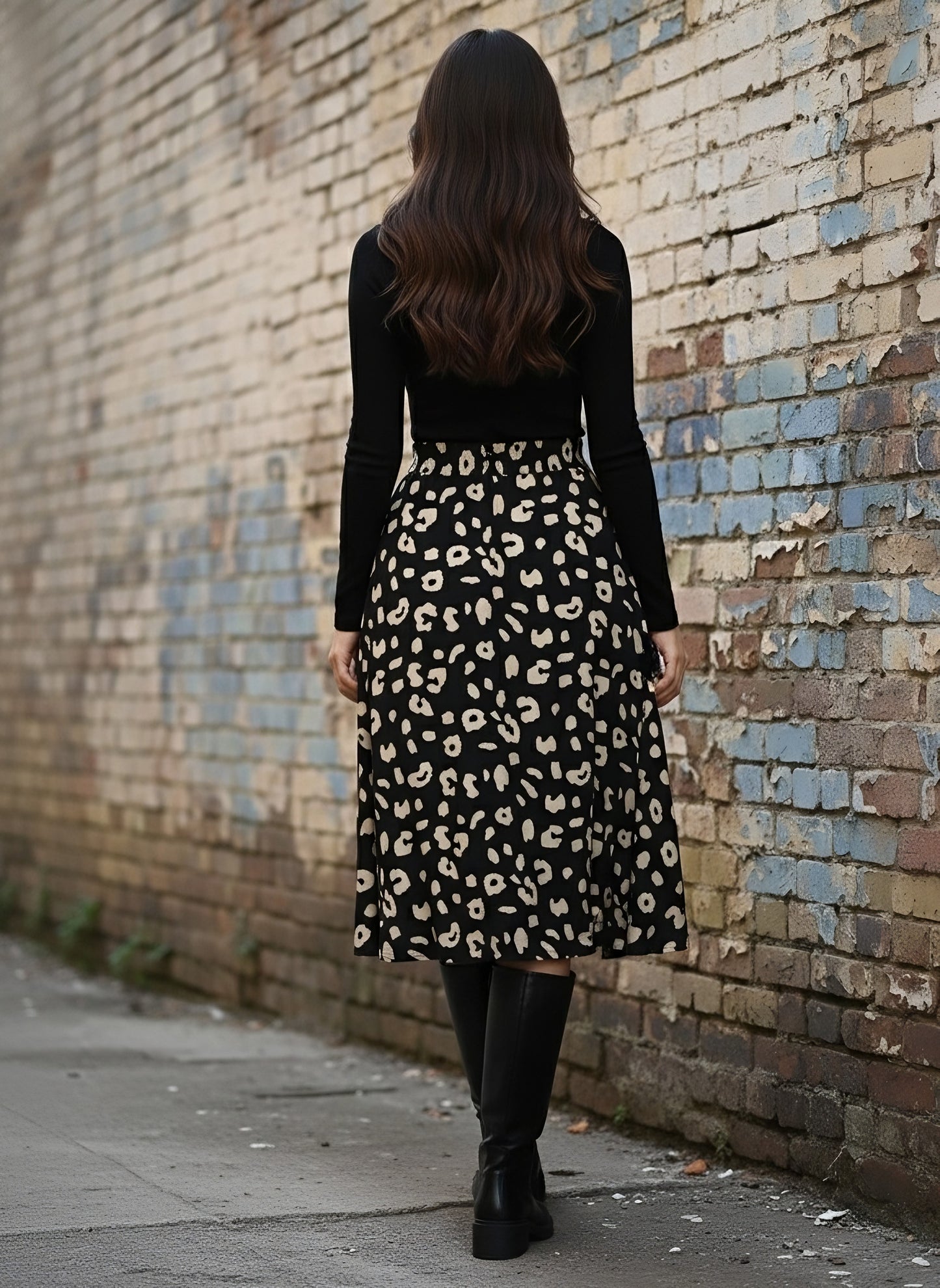 Berrylush Women Black & Cream Animal Printed Crepe Flared A-Line Midi Skirt