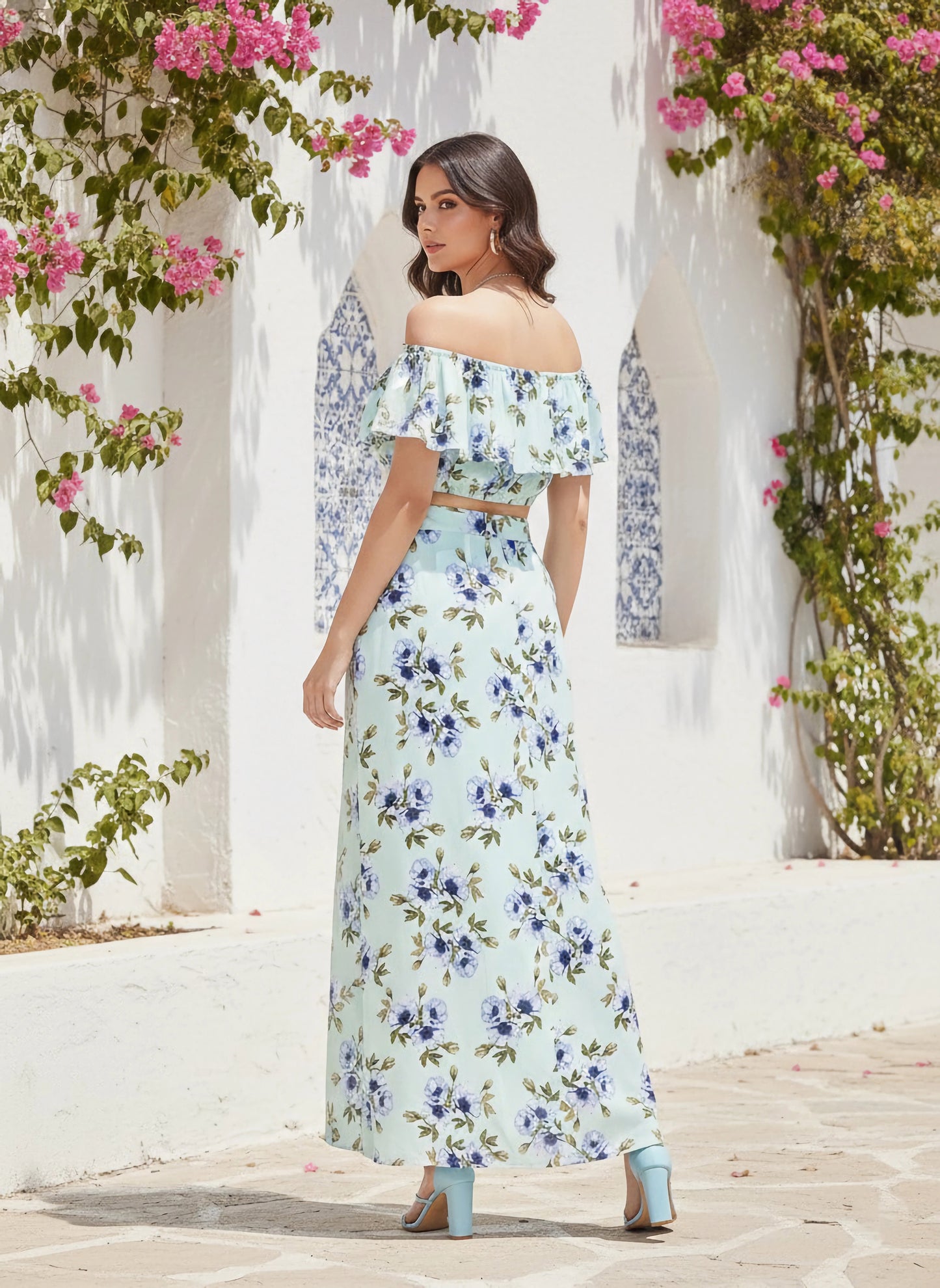 Women Light Green Floral Print Layered Co-Ordinate Maxi Dress - Berrylush