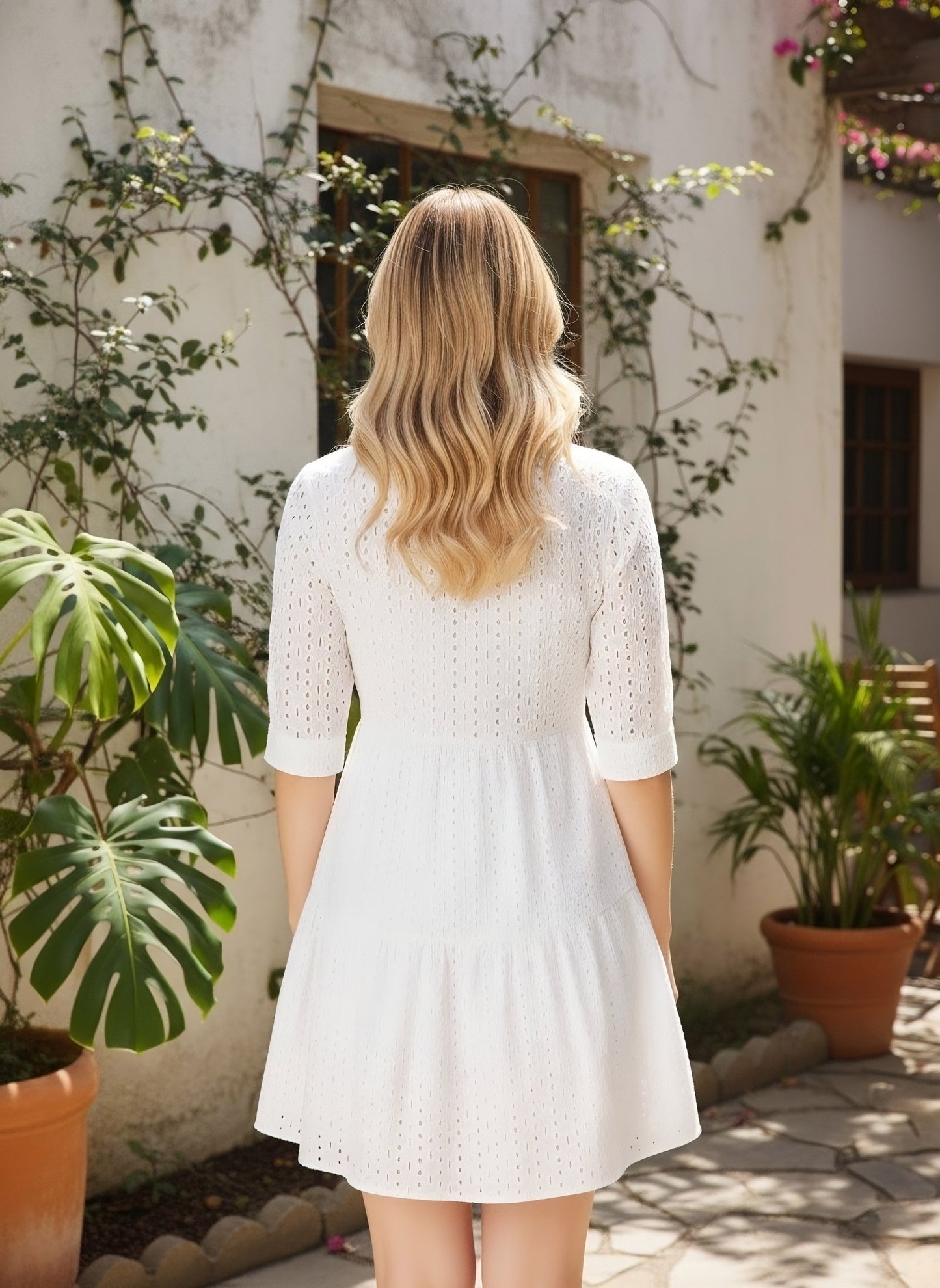 Berrylush Women White Solid V-Neck Short Sleeve Fit and Flare Mini Dress