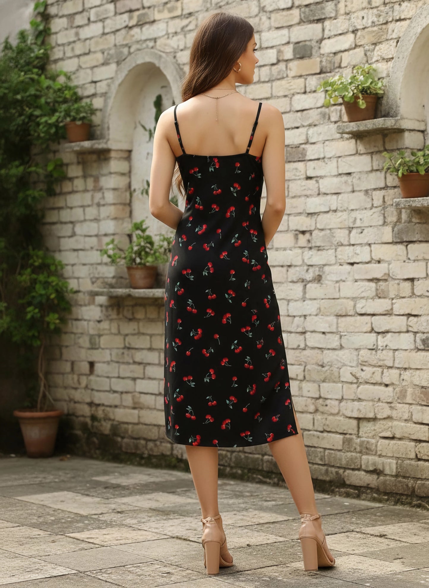 Berrylush Women Black & Red Cherry Printed Sweetheart Neck Straight Hem Slited A-Line Midi Dress