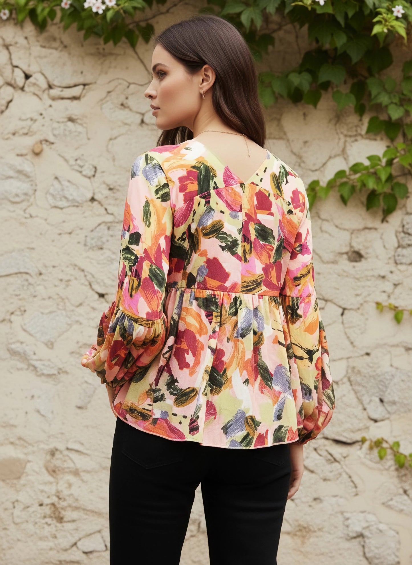 Berrylush Women Pink & Multicolour Abstract Printed V-Neck Bishop Sleeves Front Tie-Up Ruffled Regular Peplum Top