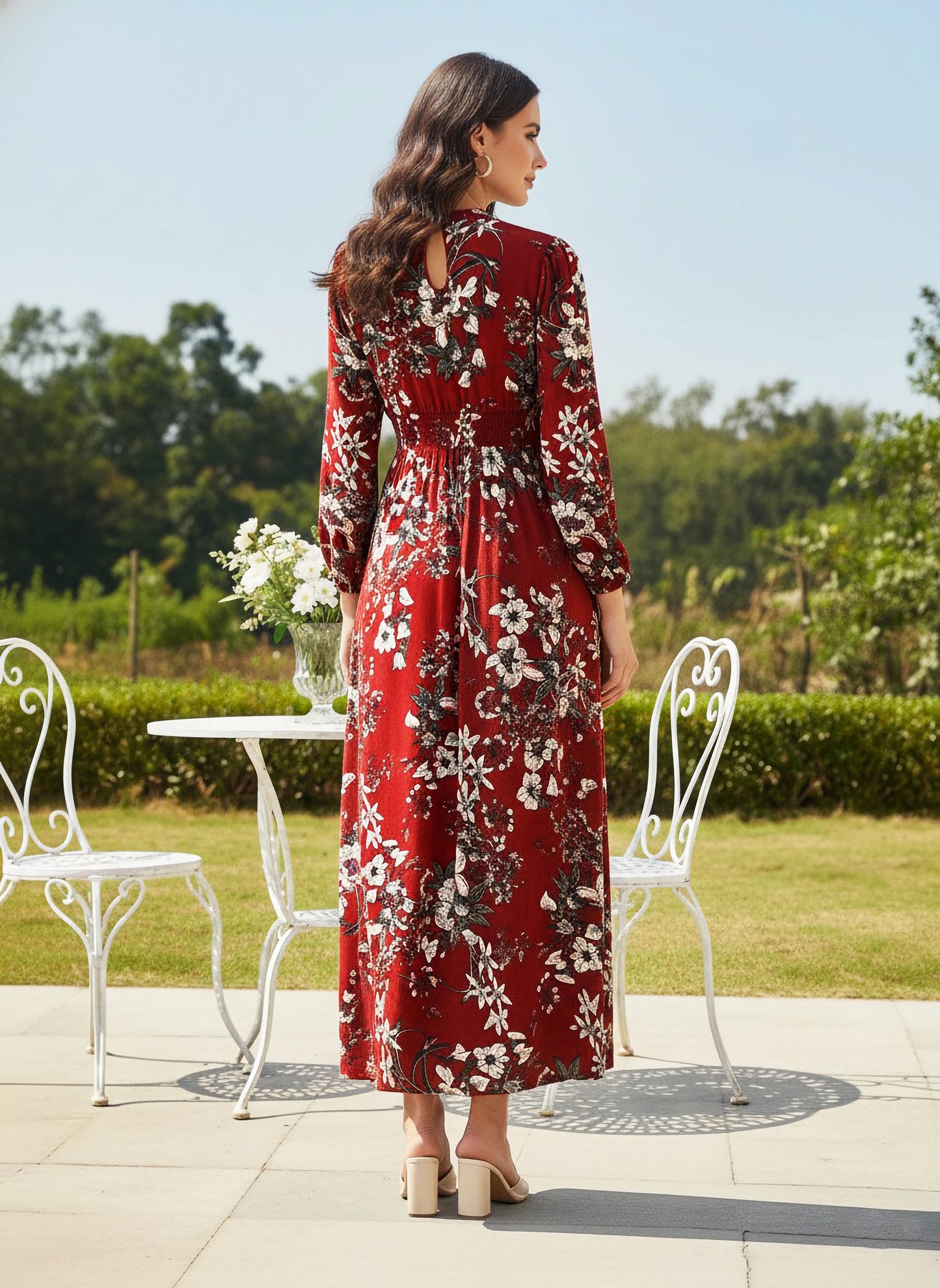 Berrylush Women Maroon Floral Printed Mock Neck A-Line Maxi Dress