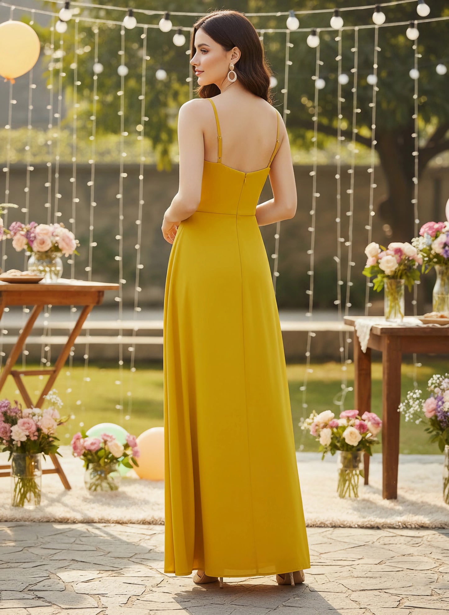 Berrylush Women Solid Yellow V-Neck Sleeveless Crepe Thigh-High Slit A-Line Maxi Dress