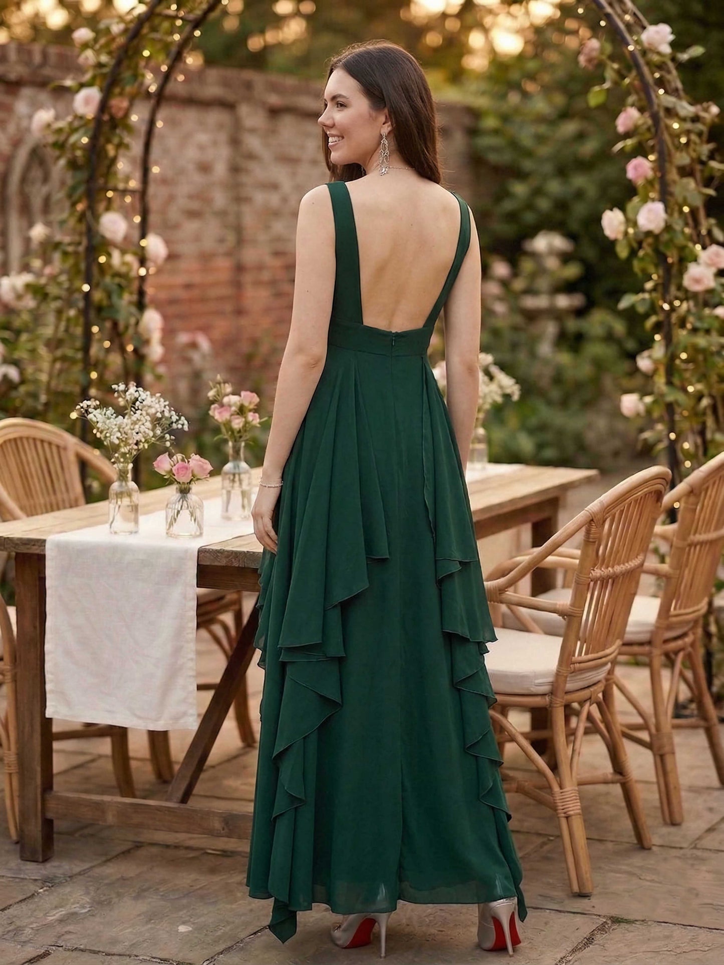 Berrylush Women Solid Green V-Neck Crepe Asymmetrical Hem Ruffled Maxi Dress
