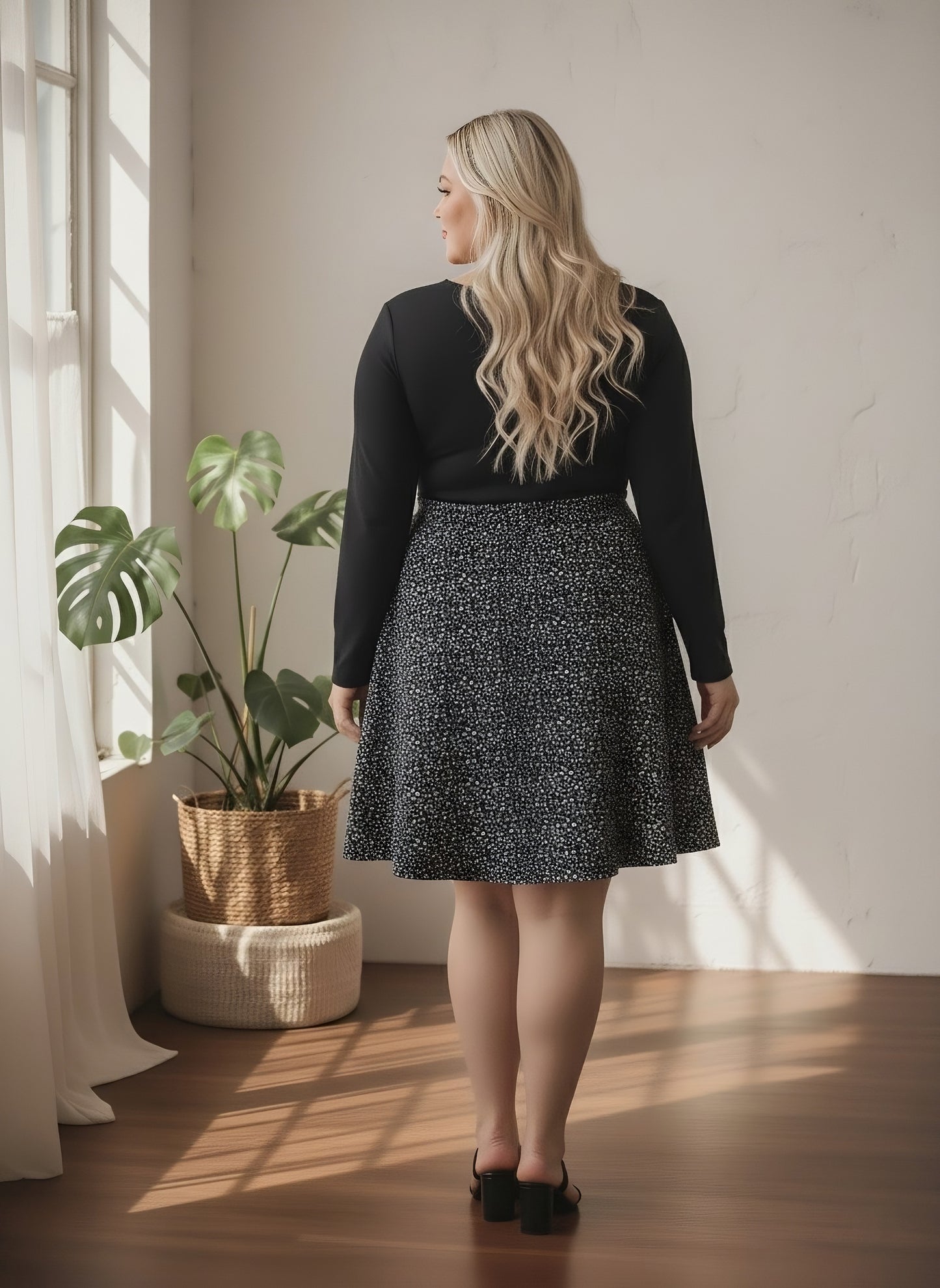 Berrylush Curve Women Black & White Ditsy Floral Printed Square Neck Long Sleeves Flared A-Line Mini Dress