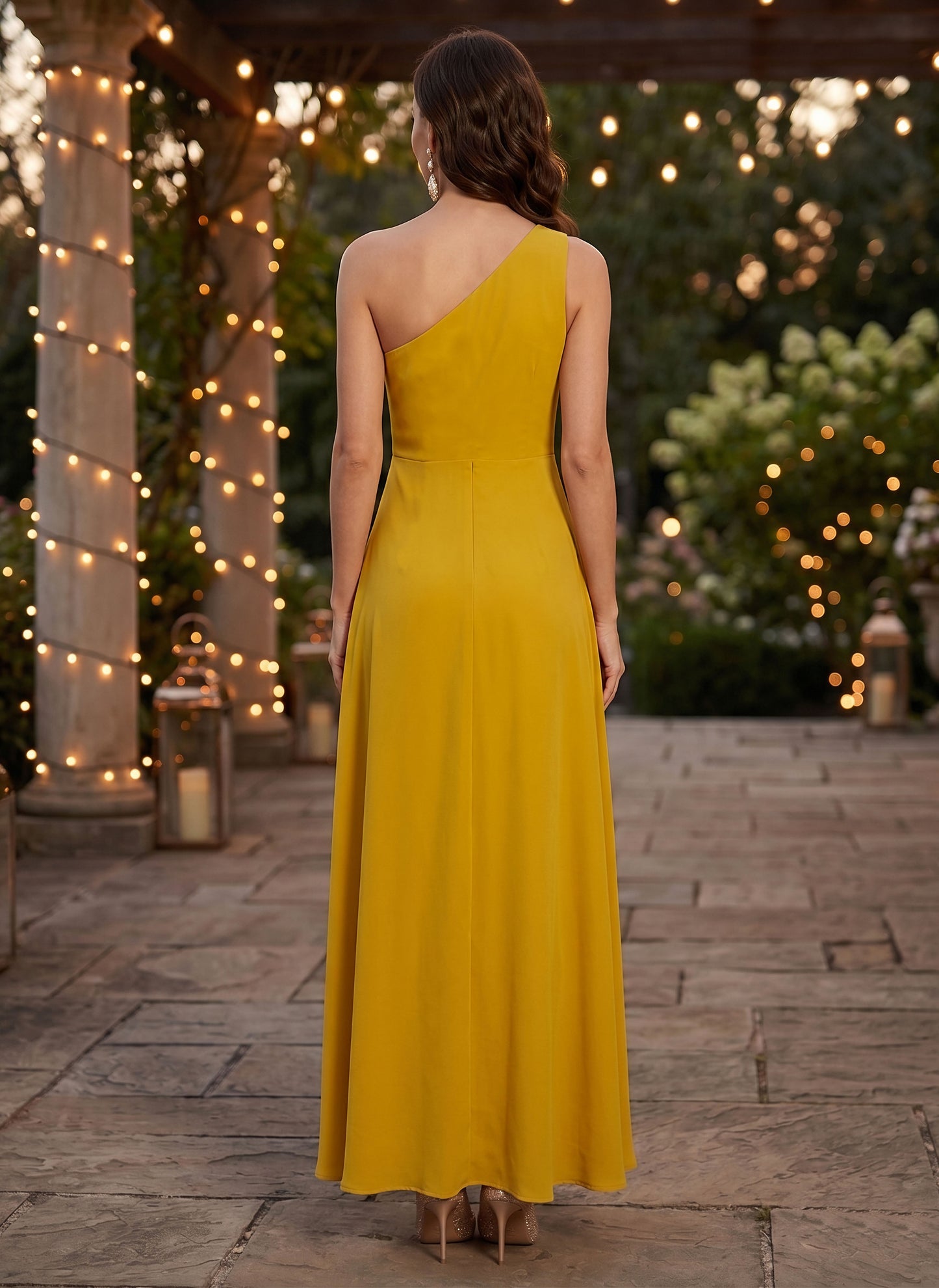 strapless open back dress Women Solid Yellow One-Shoulder A-Line Maxi Dress