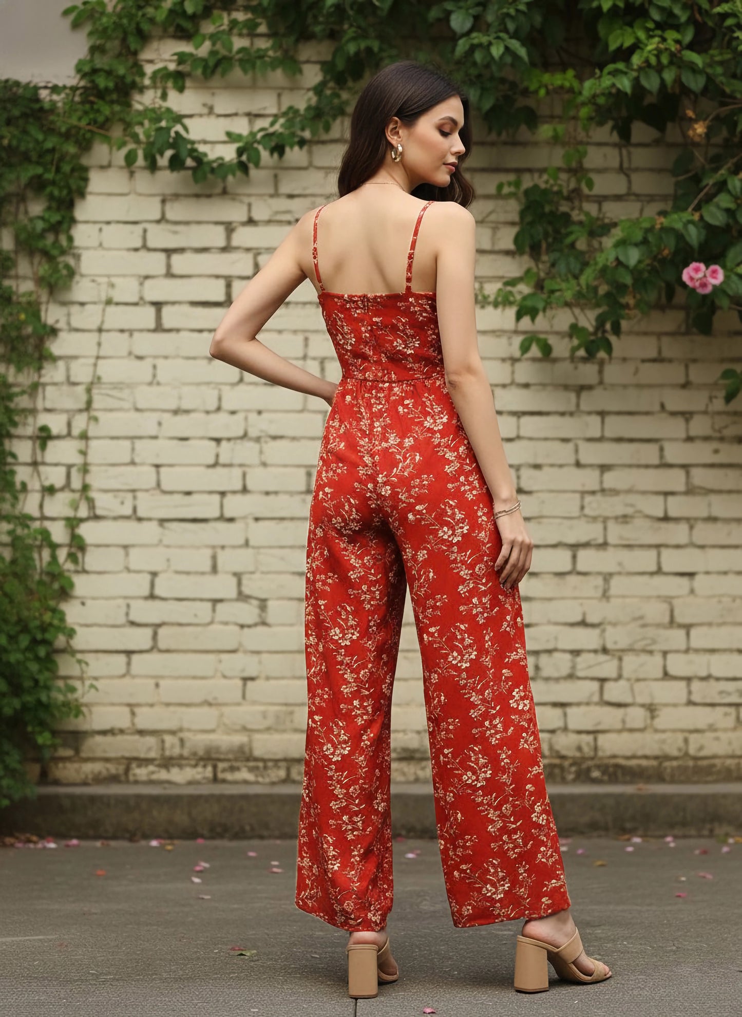 Berrylush Women Red & Off-White Floral Printed Round Neck Sleeveless Gathered Jumpsuit