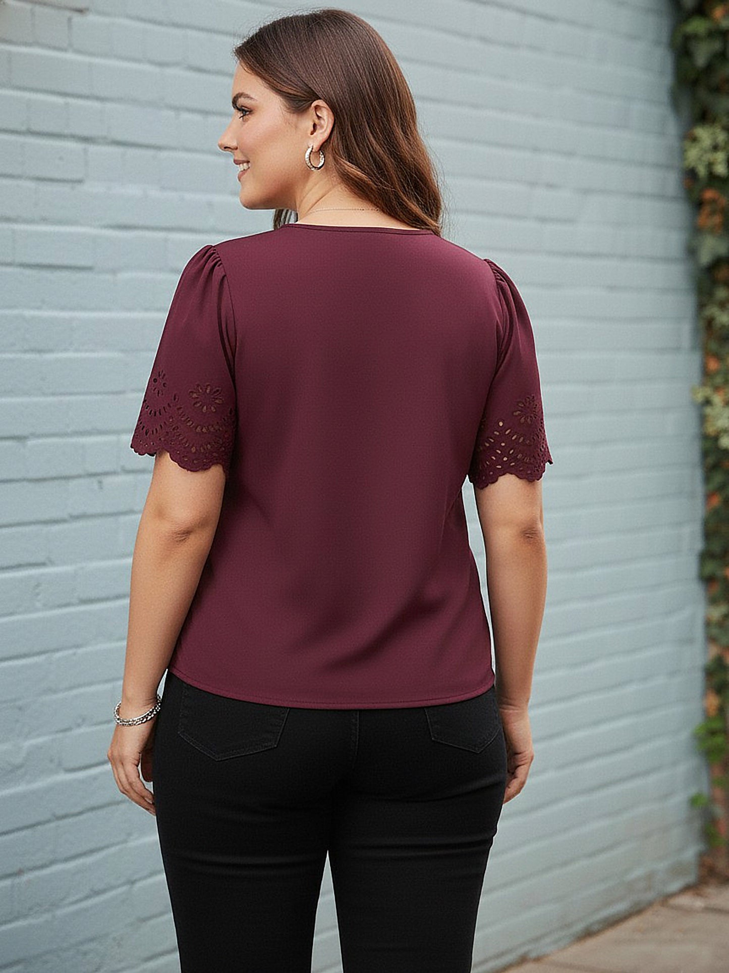 Curve Solid Maroon V-Neck Short Cutout Sleeves Woven Regular Top