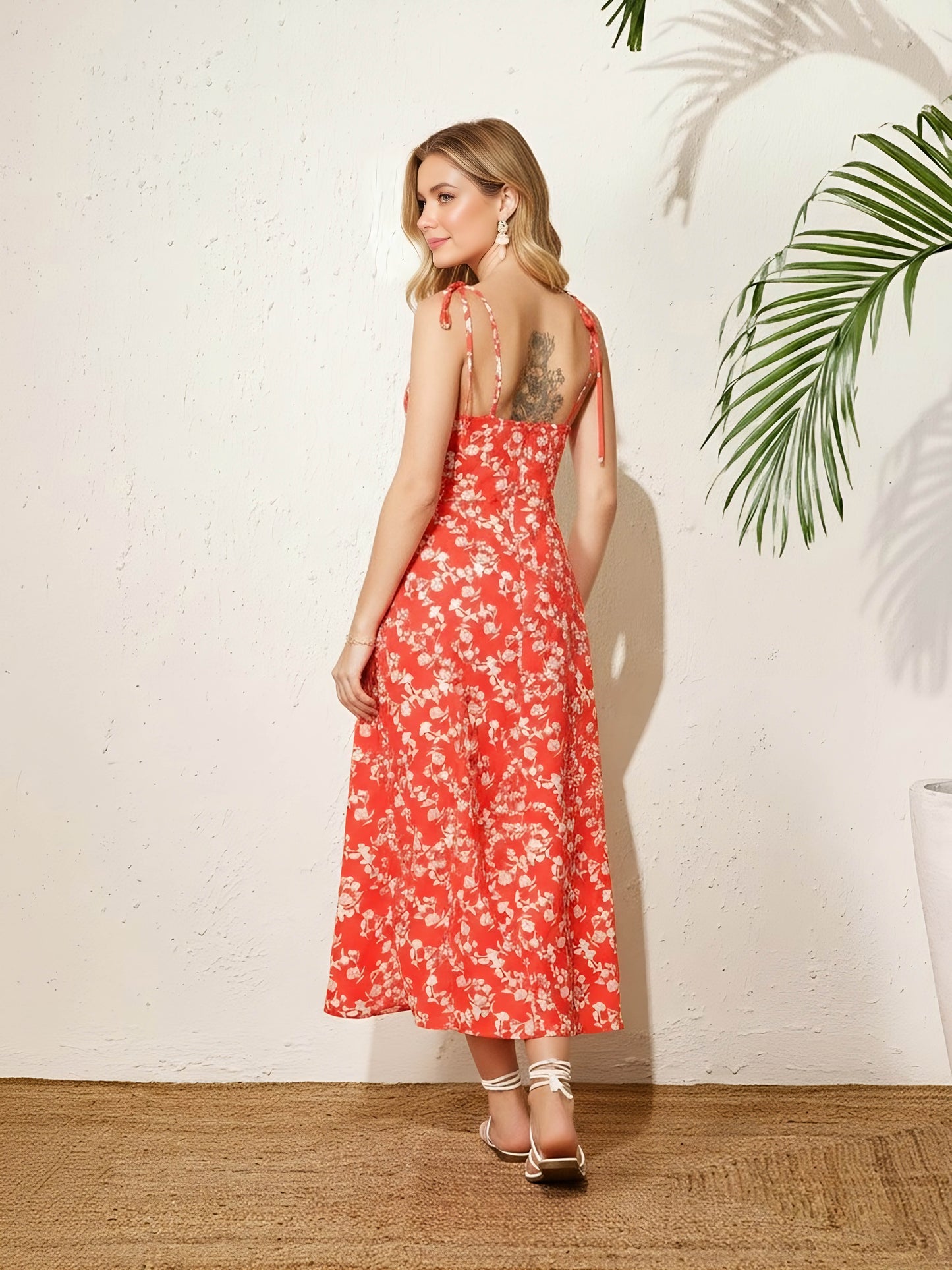 Berrylush Women Red & White Floral Print Shoulder Straps Fit and Flare Midi Dress