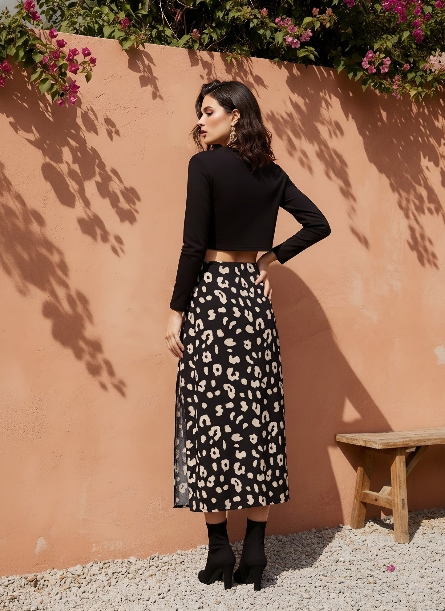 Berrylush Women Solid Black High Neck Crop Top & Black & Beige Animal Printed Thigh-High Slit Flared Midi Skirt Co-Ord Set