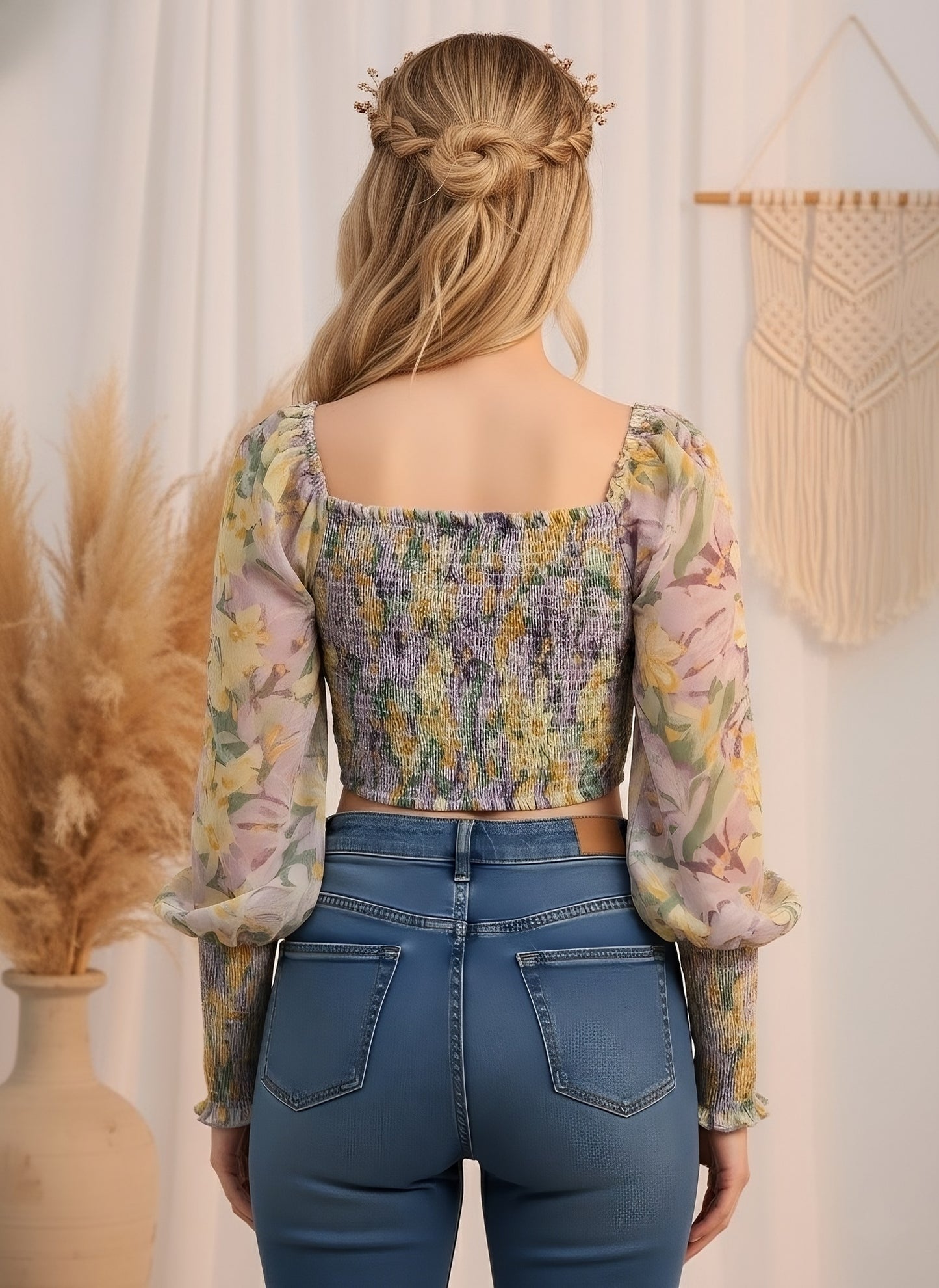 Berrylush Women Purple & Yellow Floral Printed Square Neck Bishop Sleeves Georgette Smocked Crop Top