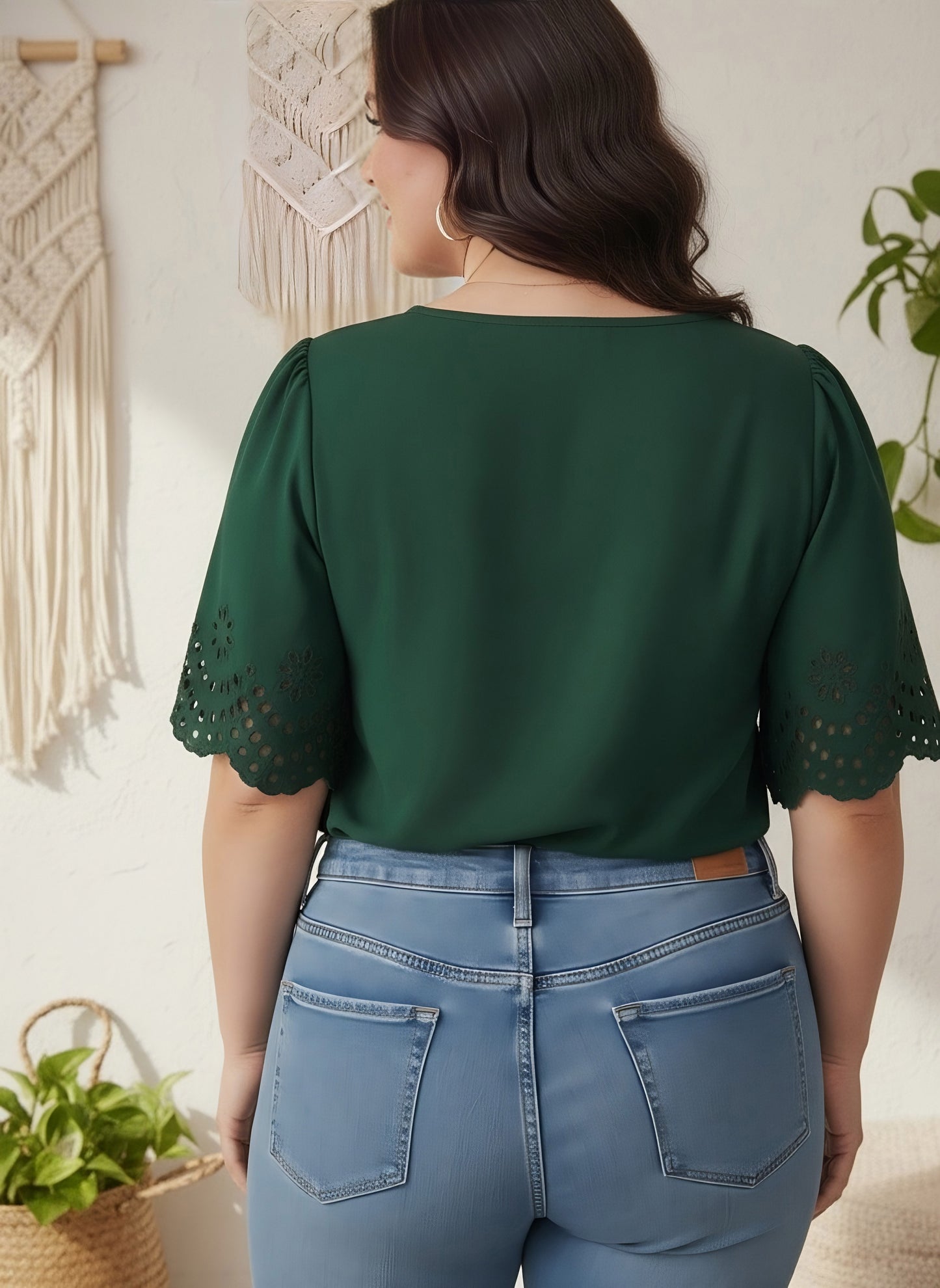 Berrylush Women Plus Size Solid Green V-Neck Cutout Sleeve Crepe Regular Top