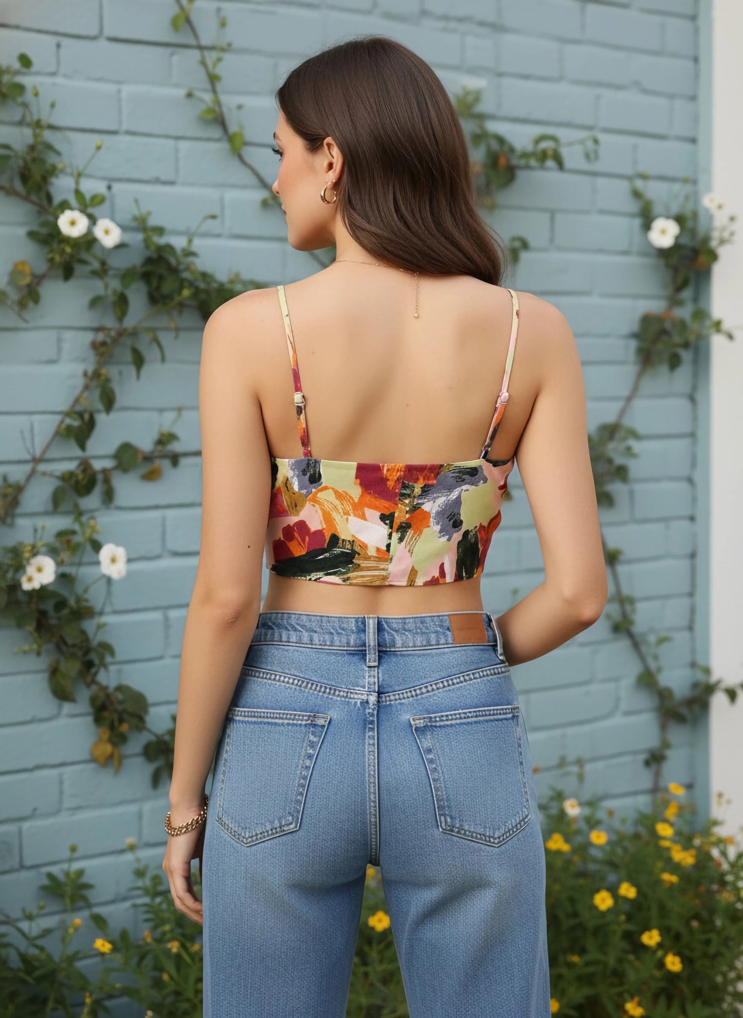 Berrylush Women Pink & Green Brushstroke Printed Square Neck Crepe Cropped Top