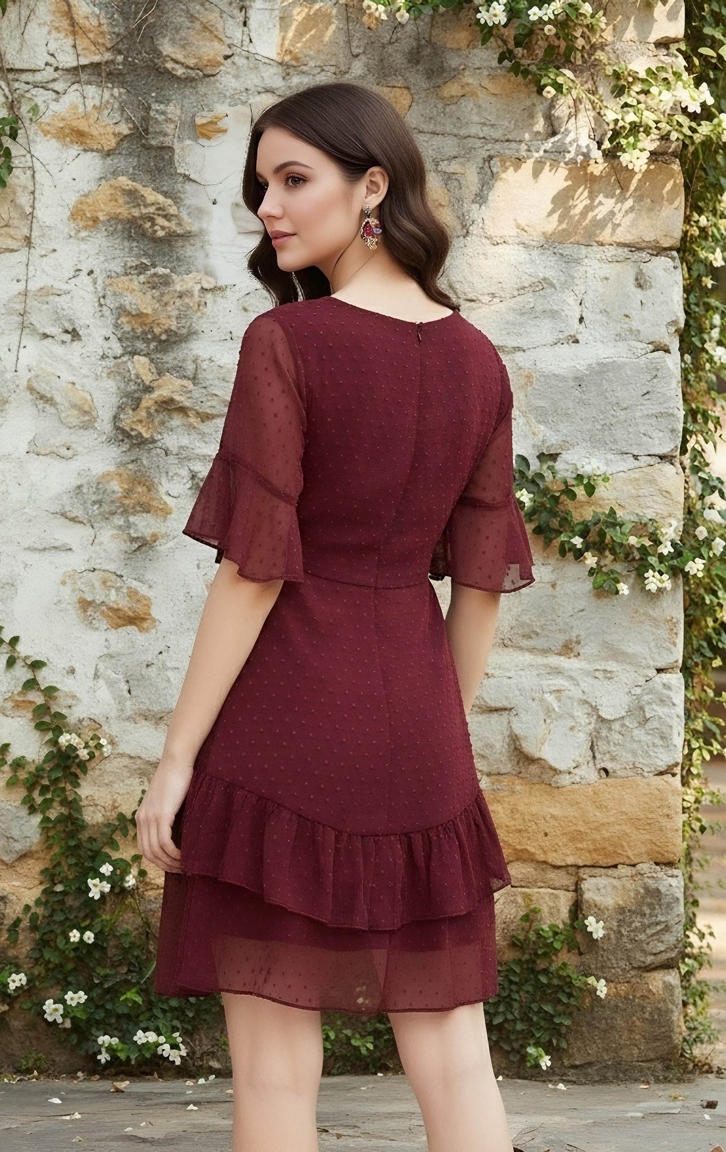 Berrylush Women Solid Maroon Self-Design Patterned V-Neck Layered Fit & Flare Mini Dress