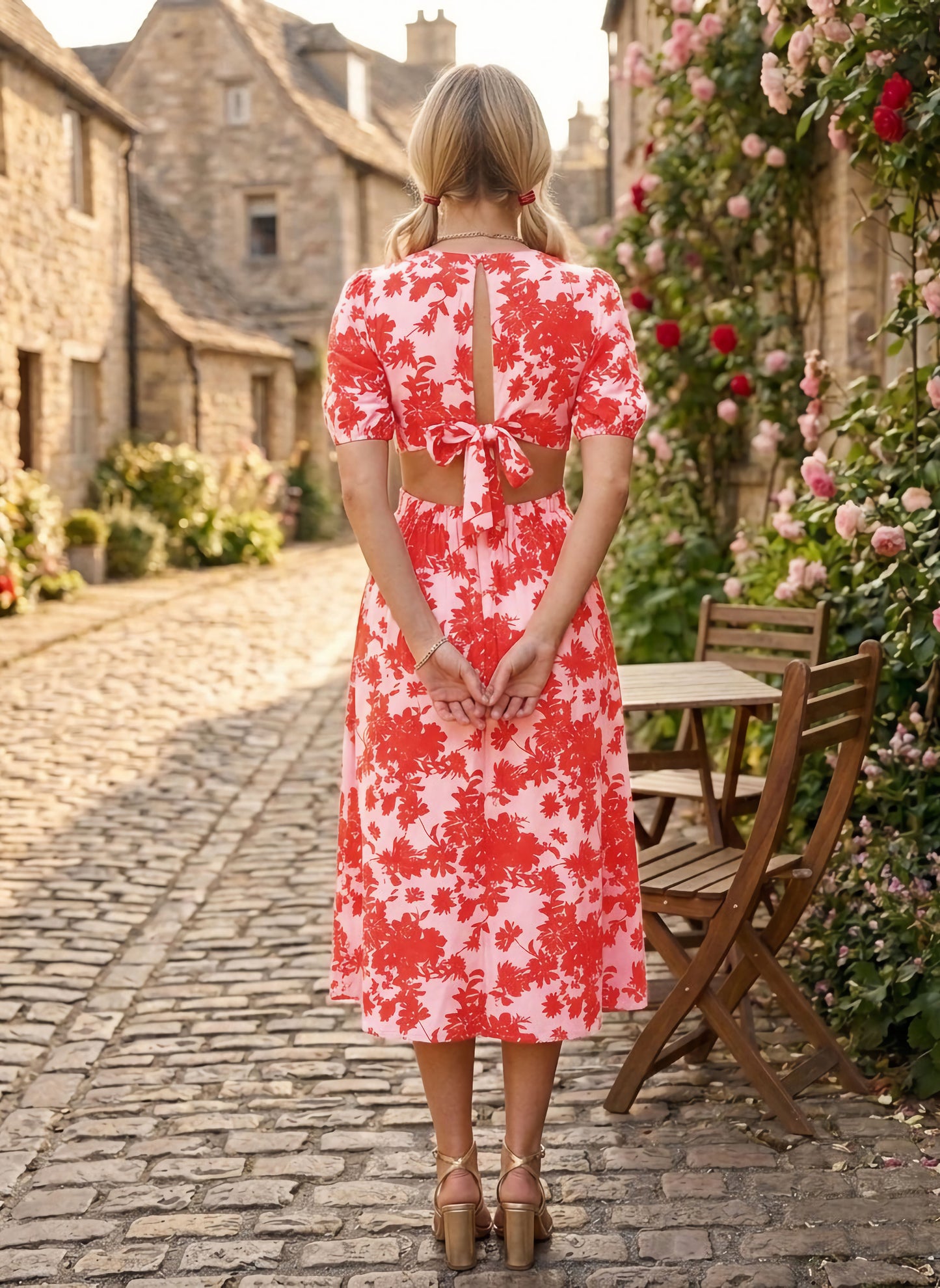 Berrylush Women Pink & Red Floral Printed V-Neck Cutout Tie-Up Crepe A-Line Midi Dress