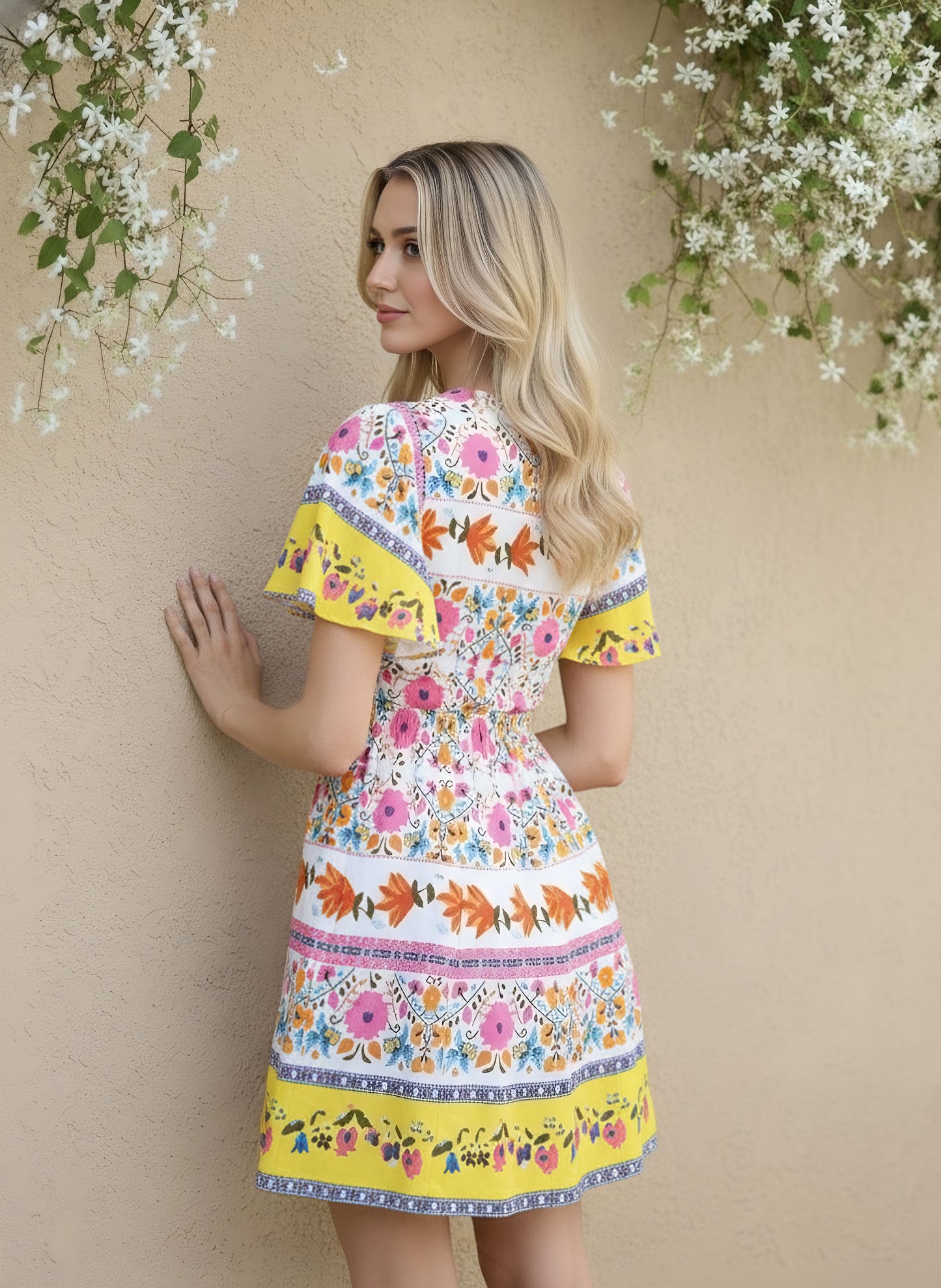 Berrylush Women White & Pink Floral Printed V-Neck Front Tie-Up Cutout Crepe Flared A-Line Mini Dress